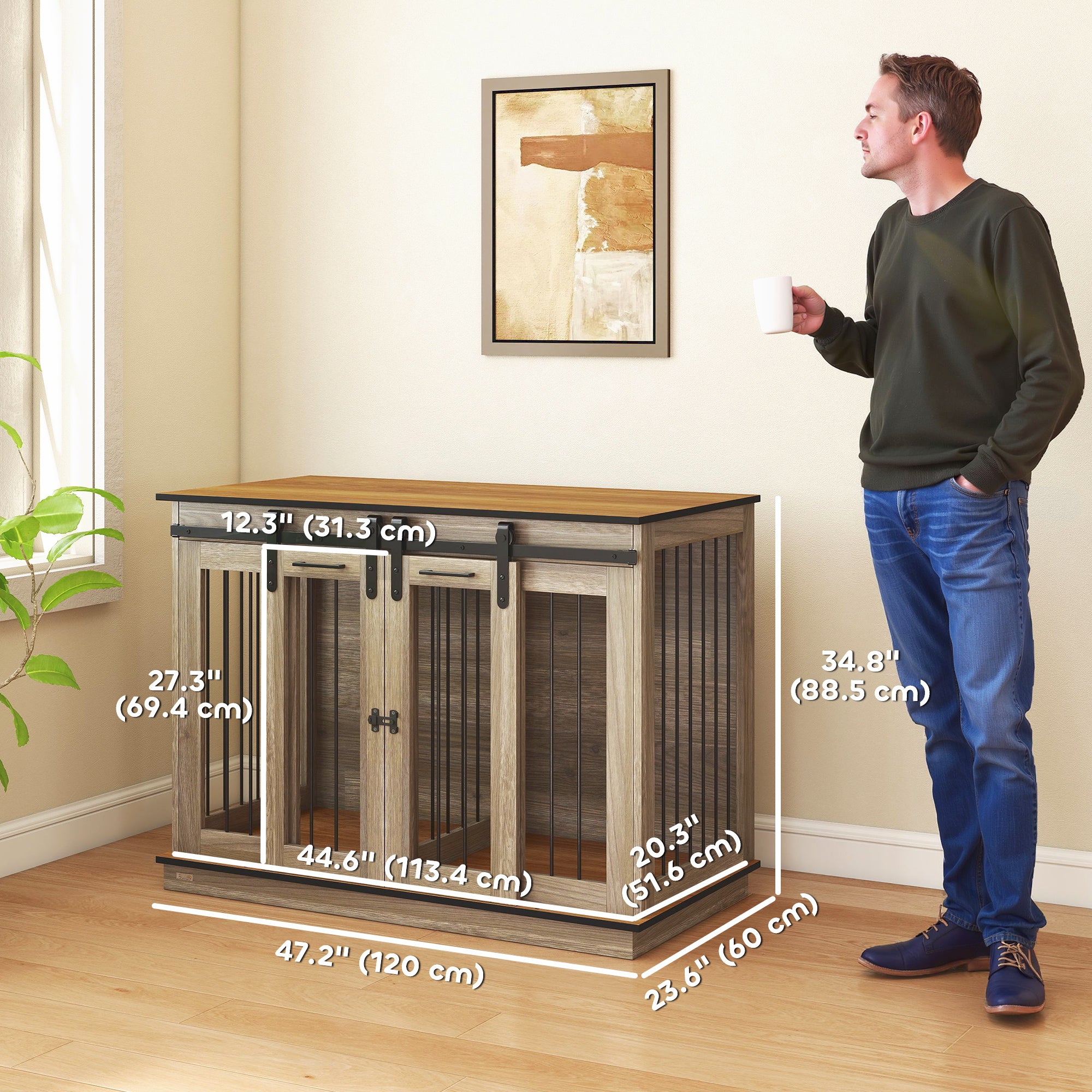 Meuble cage pour chien de 47 pouces avec panneau séparateur, niche en bois pour chien faisant office de meuble TV pour grands chiens, table d’appoint avec maison pour animaux pour 2 petits chiens, design à deux compartiments, 2 portes coulissantes, chêne