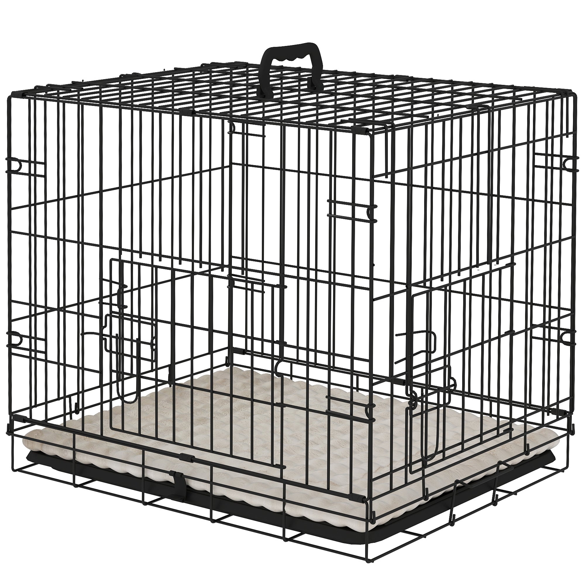 24" Dog Crate with 2 Doors, Folding Metal Dog Cage with Soft Cushion, Removable Tray, Handle for Extra Small Dogs, Black