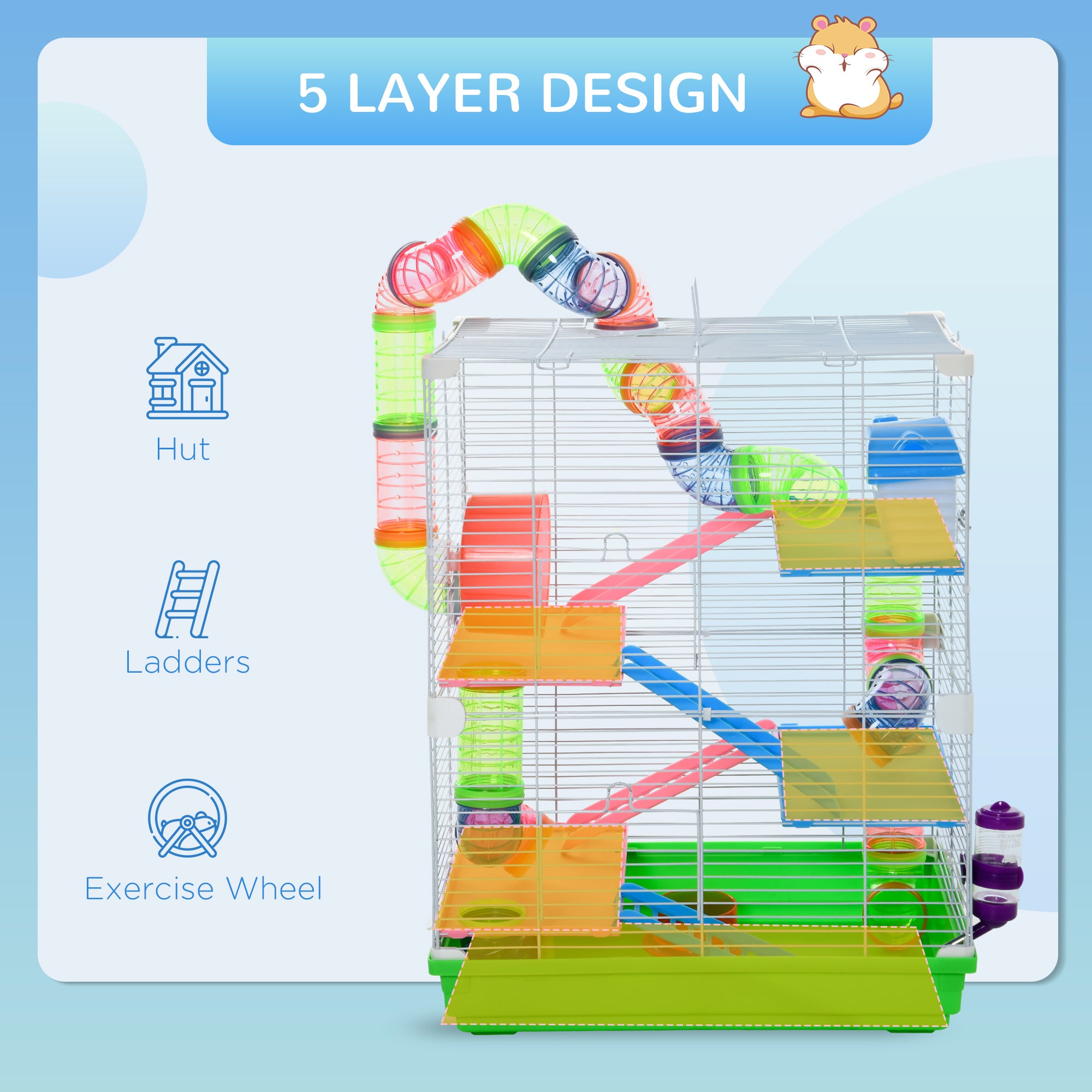5 Tiers Hamster Cage Portable with Exercise Wheels Play Tube Water Bottle Dishes House Ladder for Gerbils, Green