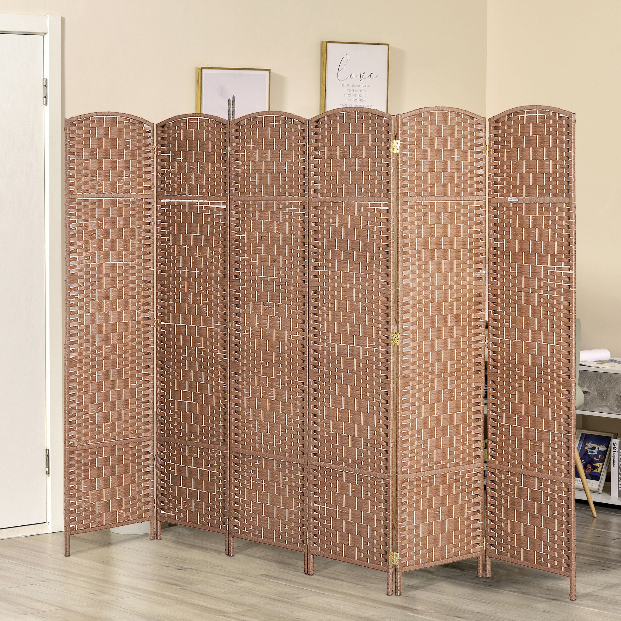 Séparateur de pièce pliant de 6 pieds, cloison murale à 6 panneaux avec cadre en bois pour chambre et bureau à domicile, finition naturelle
