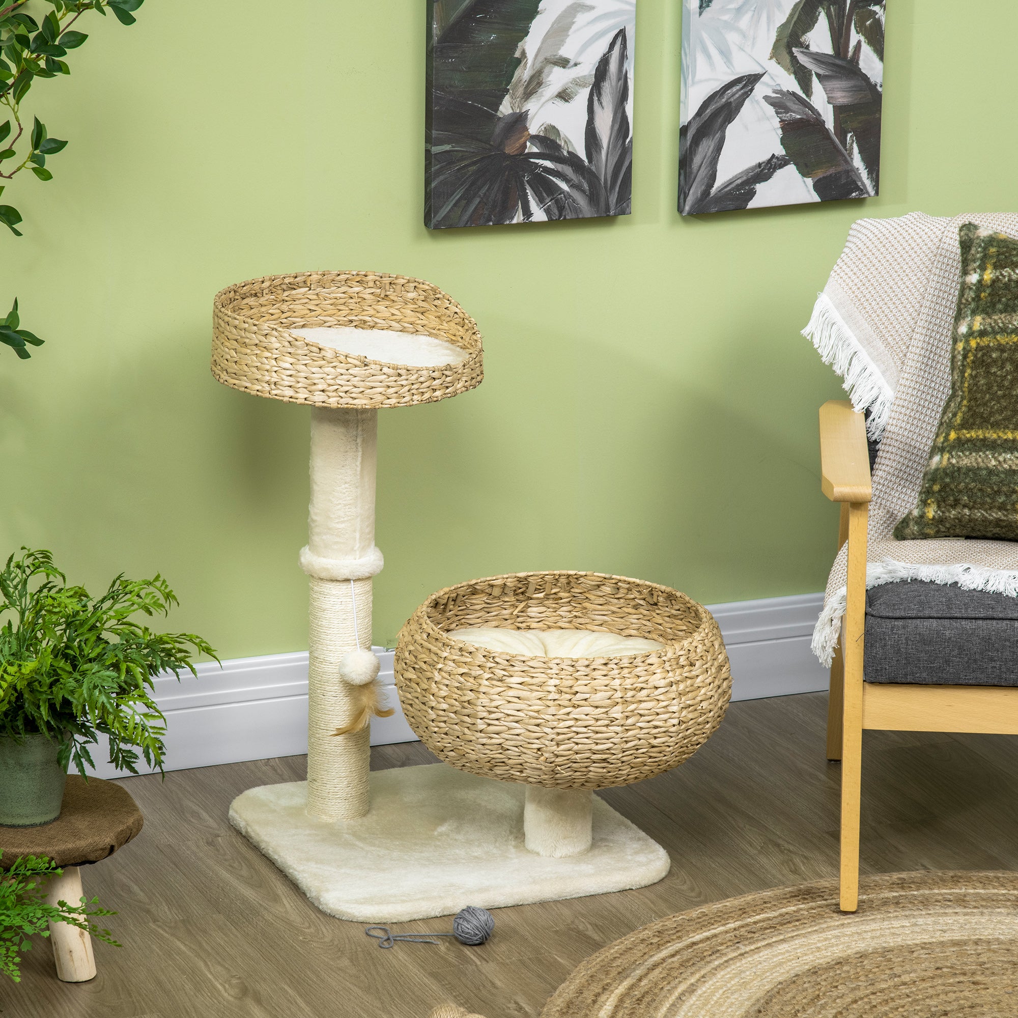 28" Cat Tree with Scratching Post, Cat Tower with Double Beds, Beige