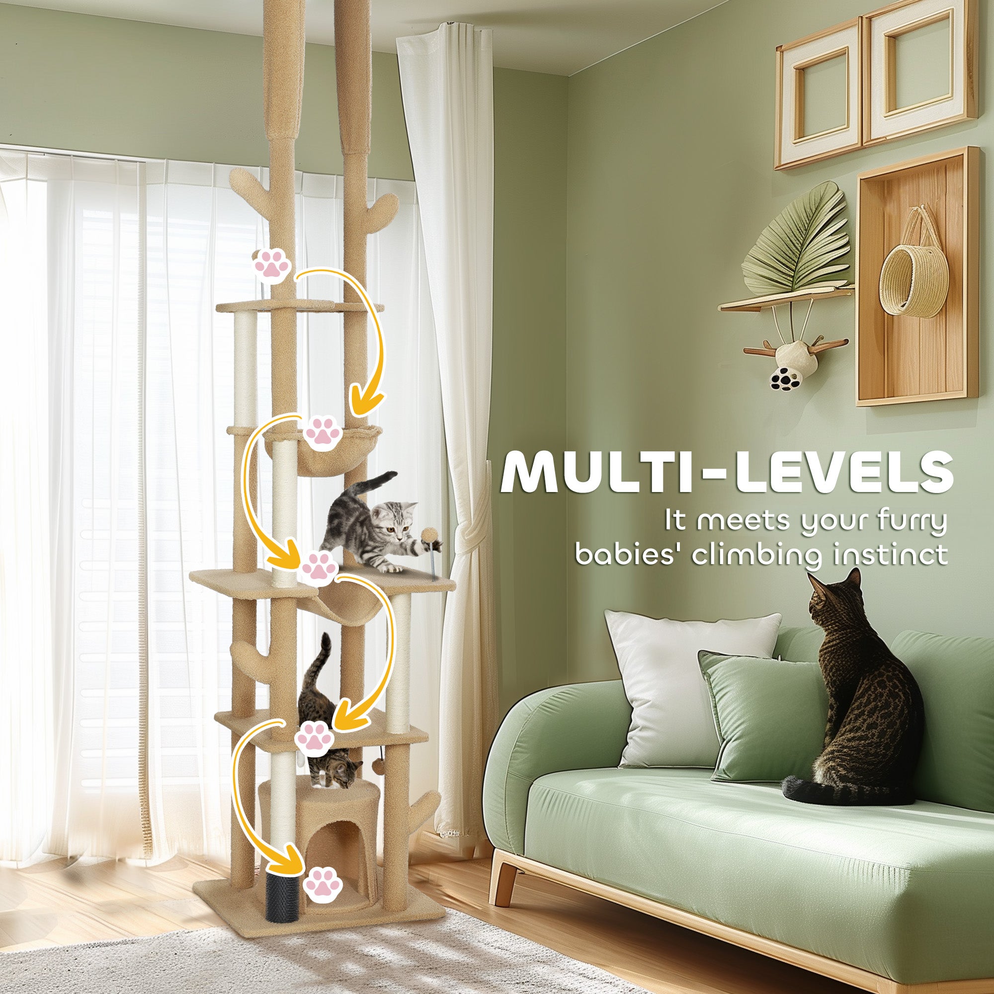 89"-100" Floor to Ceiling Cat Tree Cat Tower for Large Cats w/ Scratching Posts, Grooming Brush Post, Cat Condo, Brown