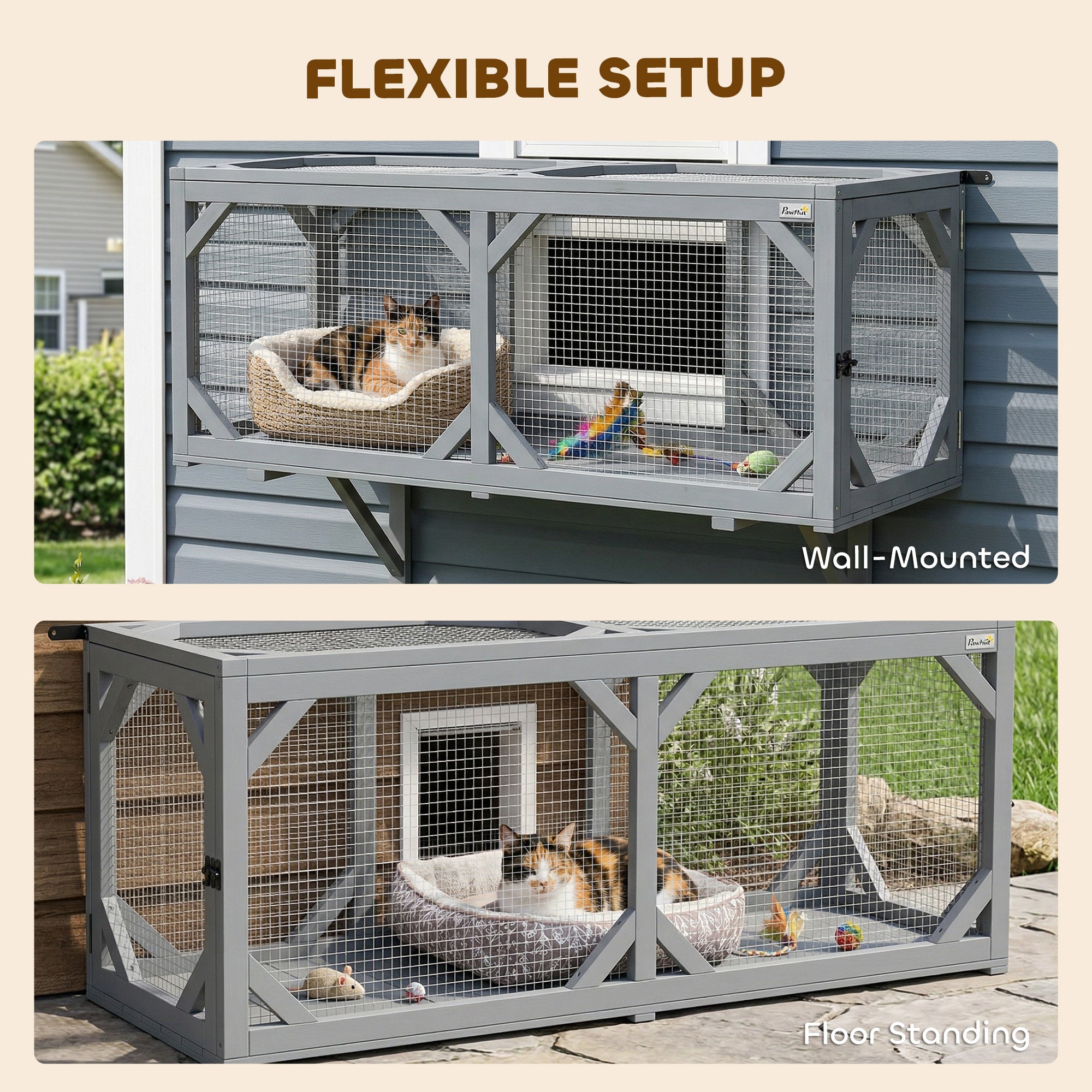 Cat Tunnel, Wooden Catio Outdoor Cat Enclosure with 2 Doors and Extendable Design, Wall-Mounted Pet Run