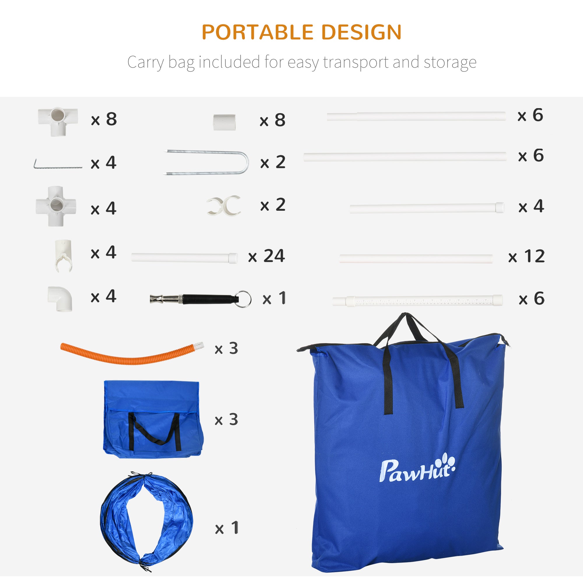 Kit d’agilité pour chien de 7 pièces avec tunnels, poteaux de slalom, haies réglables, anneau de saut, boîte de pause, sifflet et sac de transport, bleu
