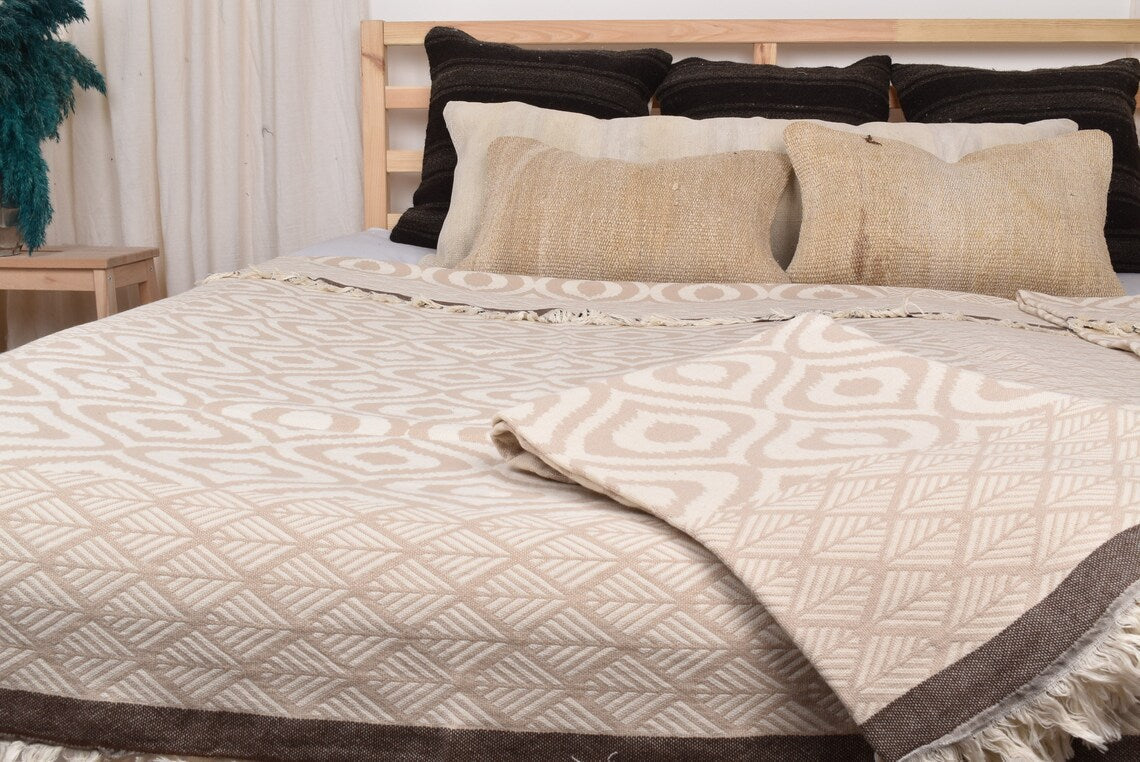 IKAT Beige Turkish Throw 60"x72" Organic Cotton-Turkish Throw-DECOROLALA