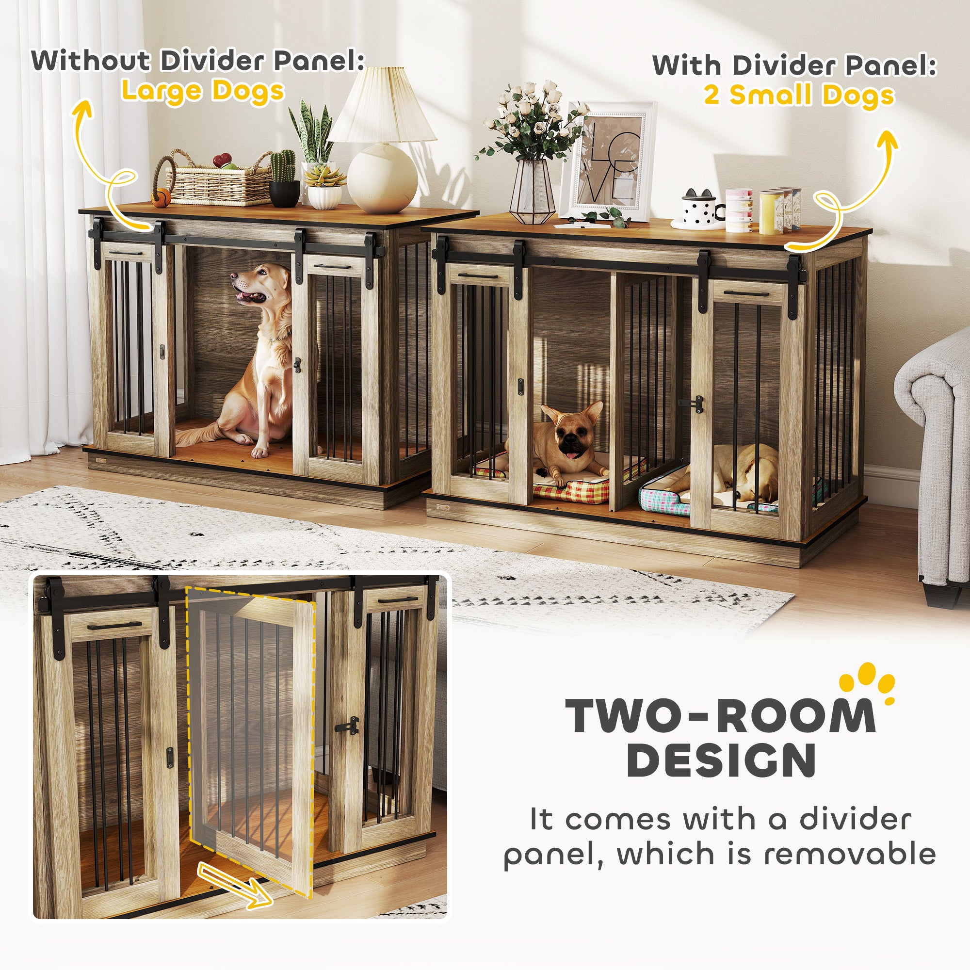 Meuble cage pour chien de 47 pouces avec panneau séparateur, niche en bois pour chien faisant office de meuble TV pour grands chiens, table d’appoint avec maison pour animaux pour 2 petits chiens, design à deux compartiments, 2 portes coulissantes, chêne
