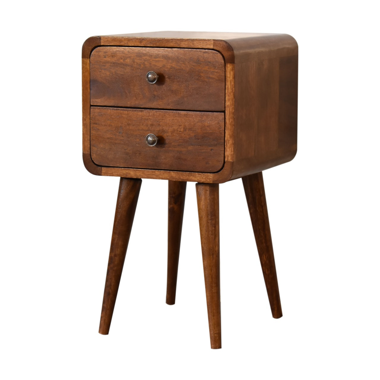 Mini Chestnut Curved Nightstand - Solid Mango Wood 2 Drawers