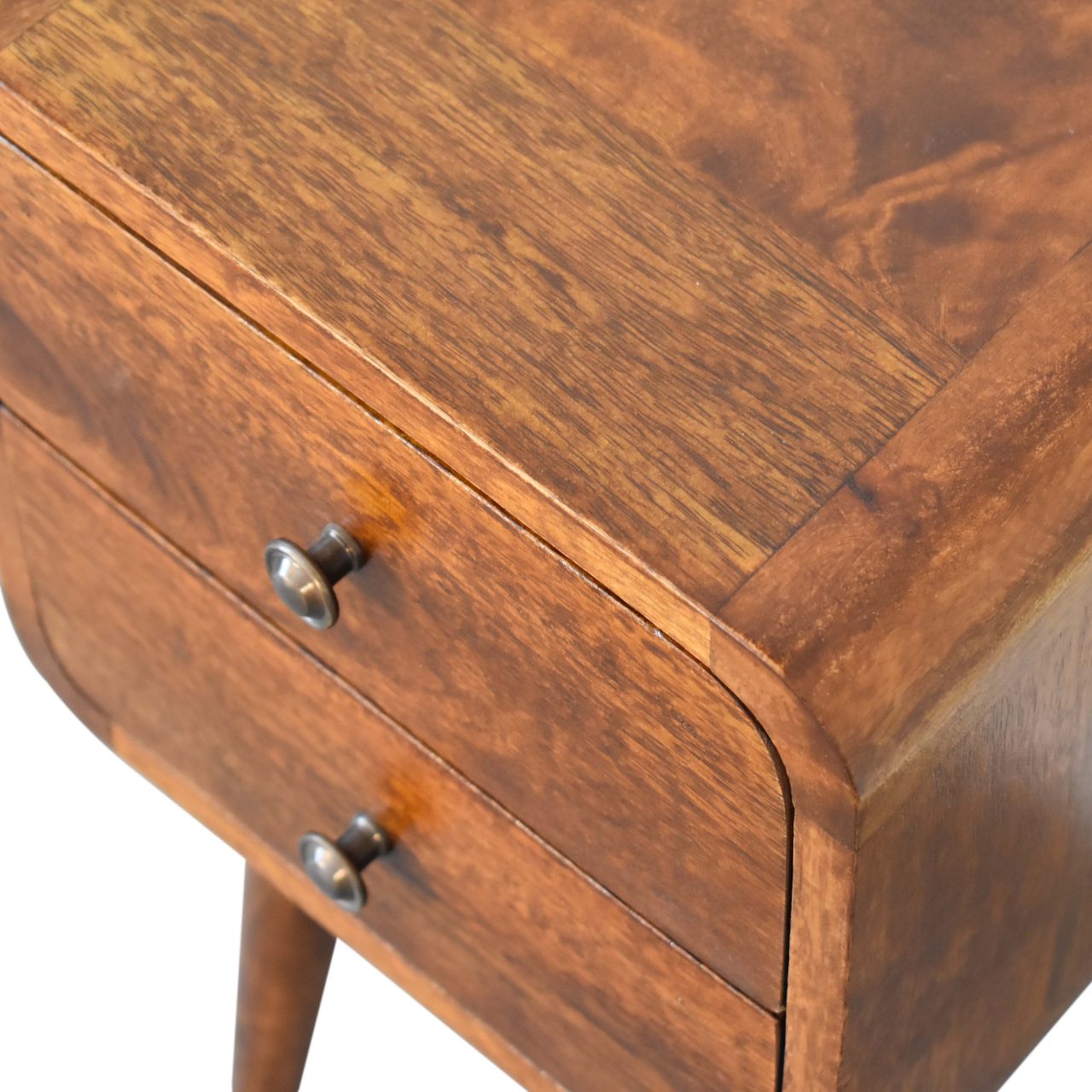 Mini Chestnut Curved Nightstand - Solid Mango Wood 2 Drawers