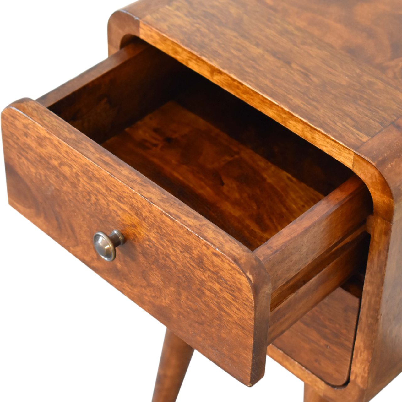 Mini Chestnut Curved Nightstand - Solid Mango Wood 2 Drawers