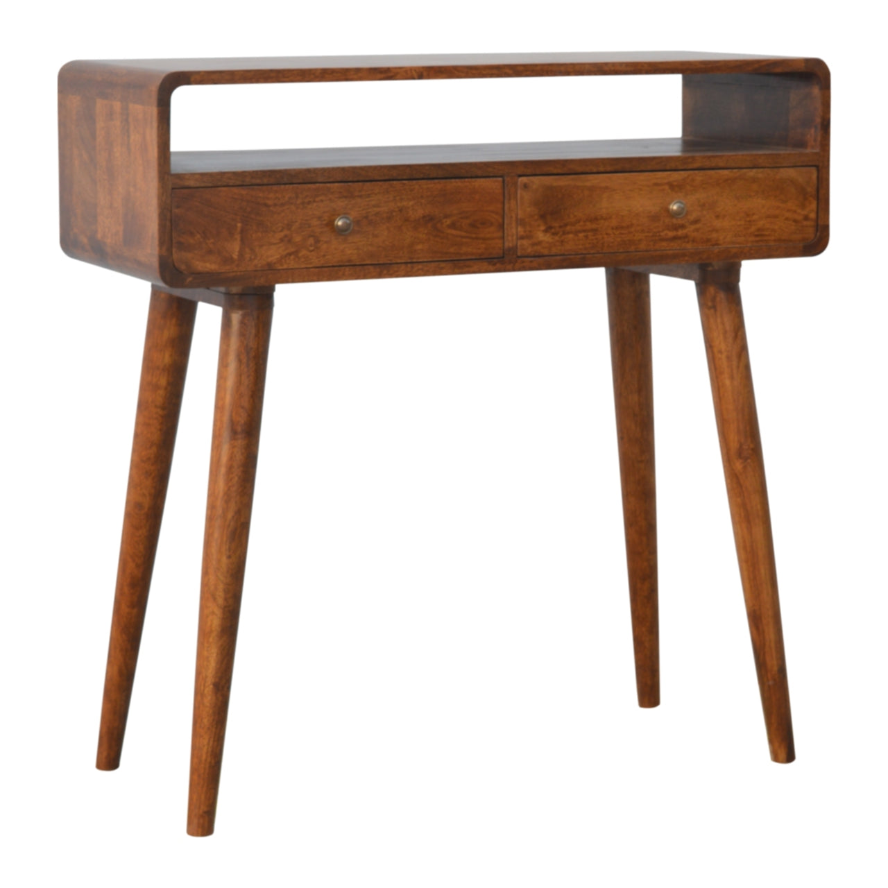 Curved Chestnut Console Table - Solid Mango Wood with 2 Drawers