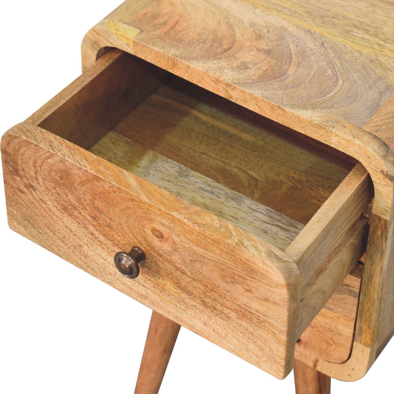 Mini Curved Nightstand - 100% Solid Mango Wood Oak Finish