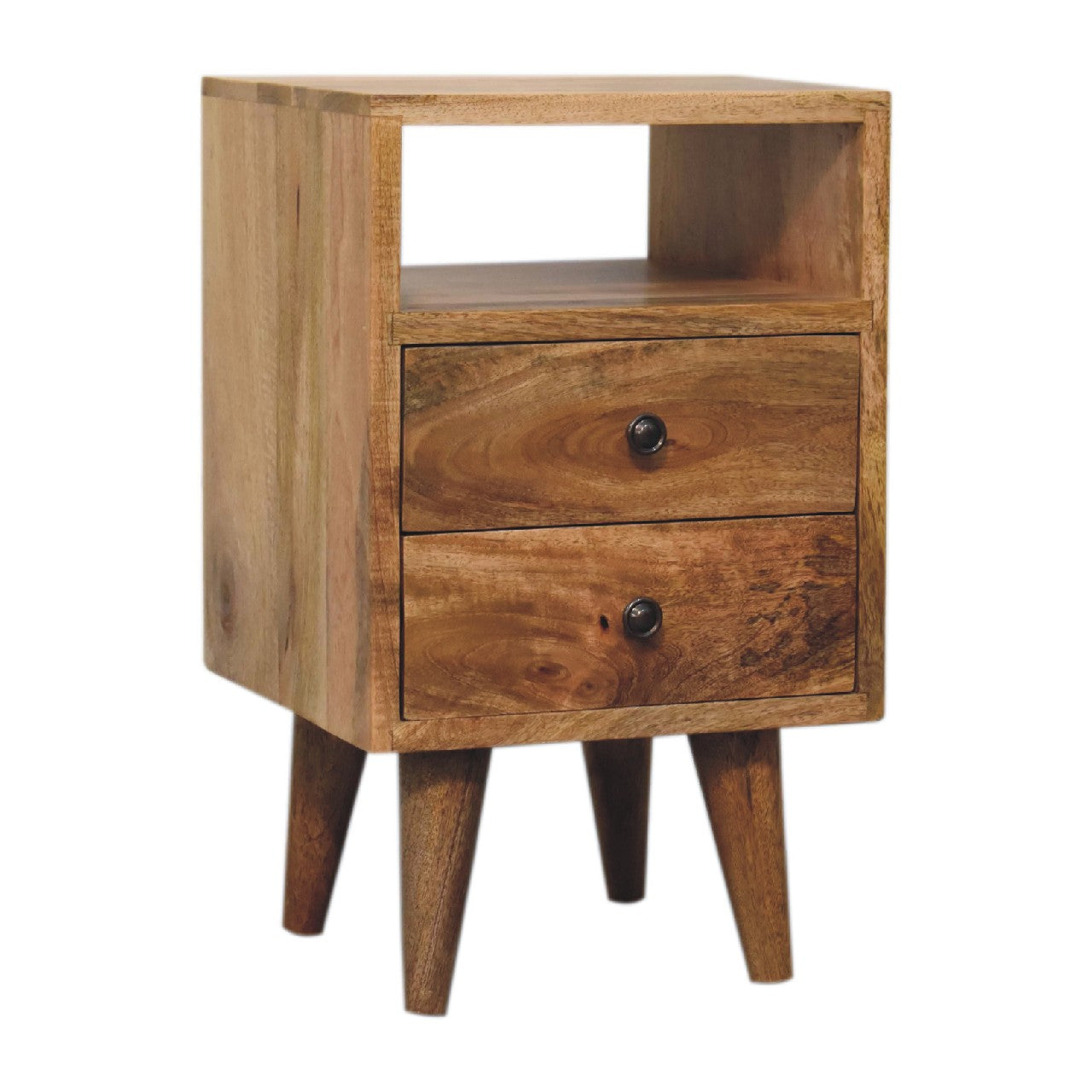Mini Oak-ish Solid Mango Wood Nightstand - 2 Drawers & Slot