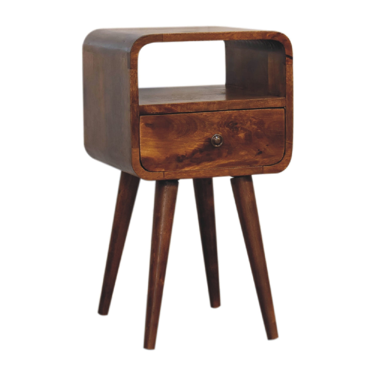 Mini Chestnut Curve Nightstand - Solid Mango Wood Open Slot