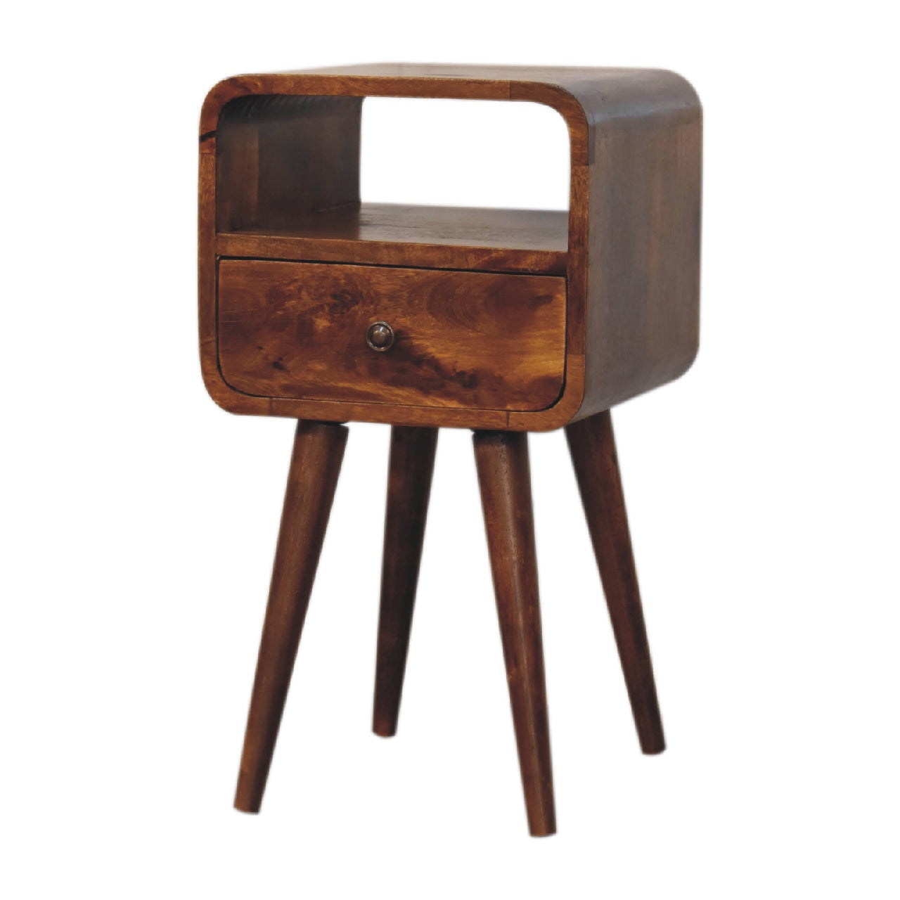 Mini Chestnut Curve Nightstand - Solid Mango Wood Open Slot