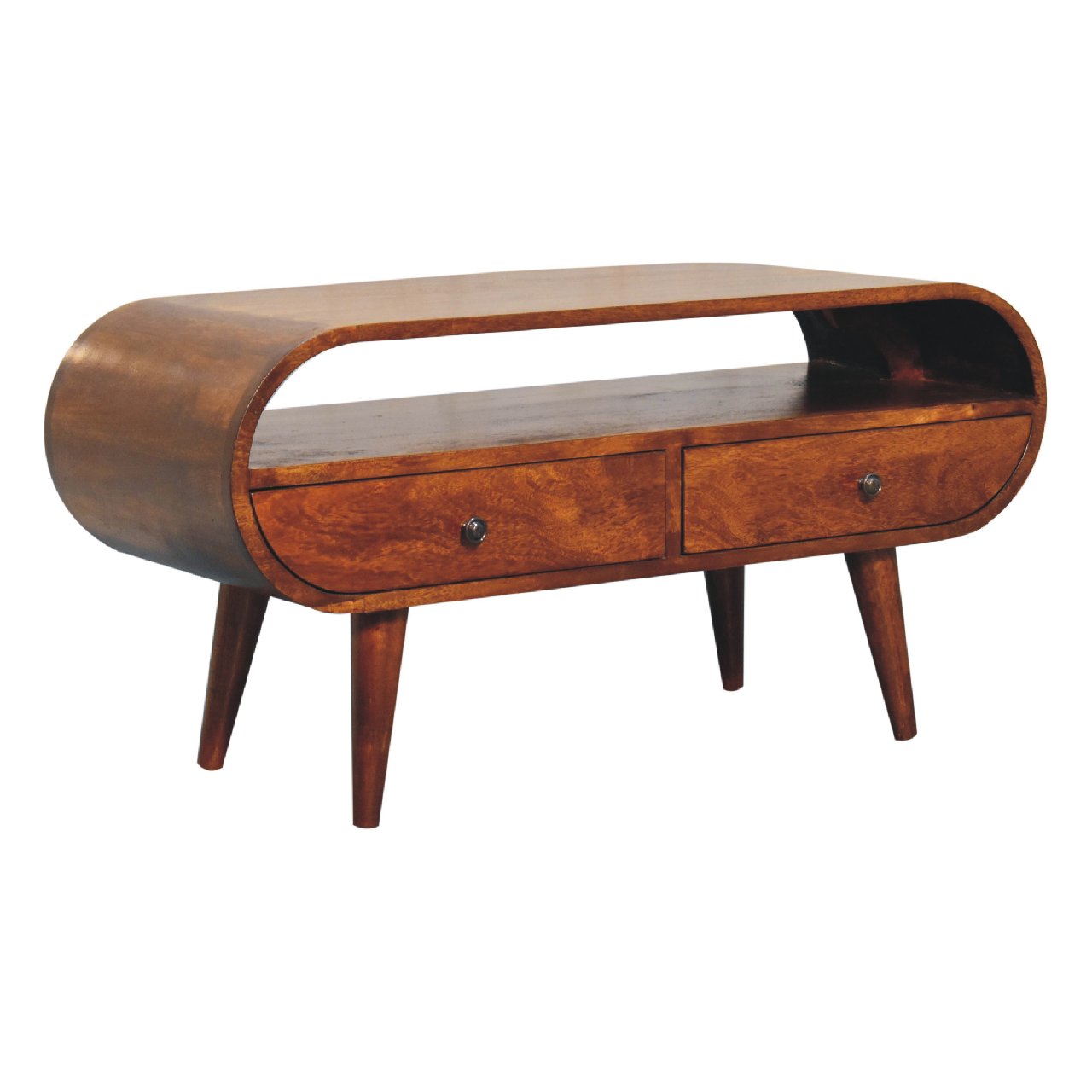 Chestnut Solid Mango Wood Circular TV Stand with 2 Drawers