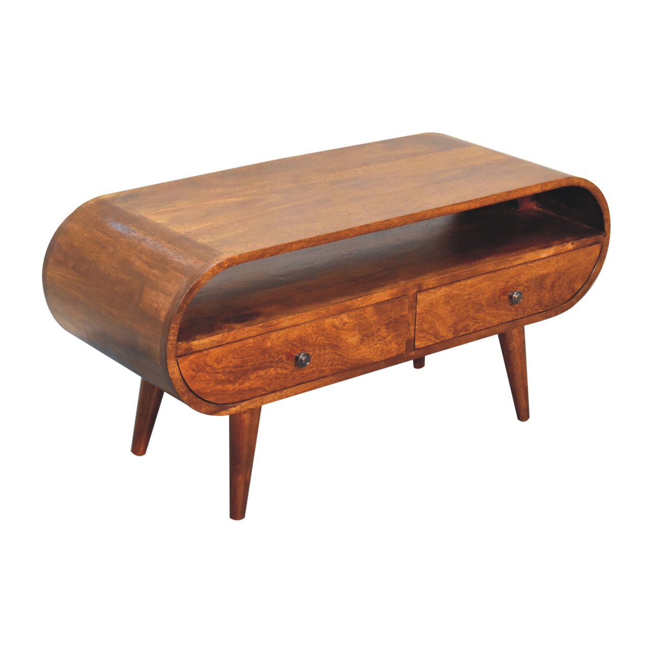 Chestnut Solid Mango Wood Circular TV Stand with 2 Drawers