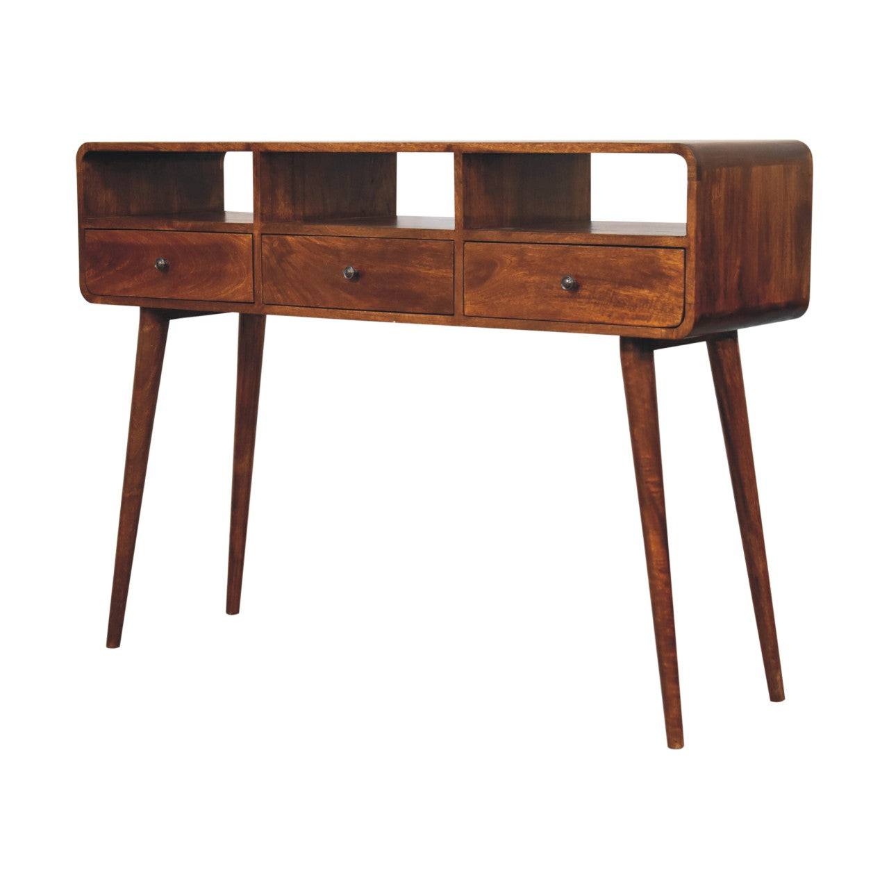 Triple Curved Chestnut Console Table - Solid Mango Wood 3 Drawer