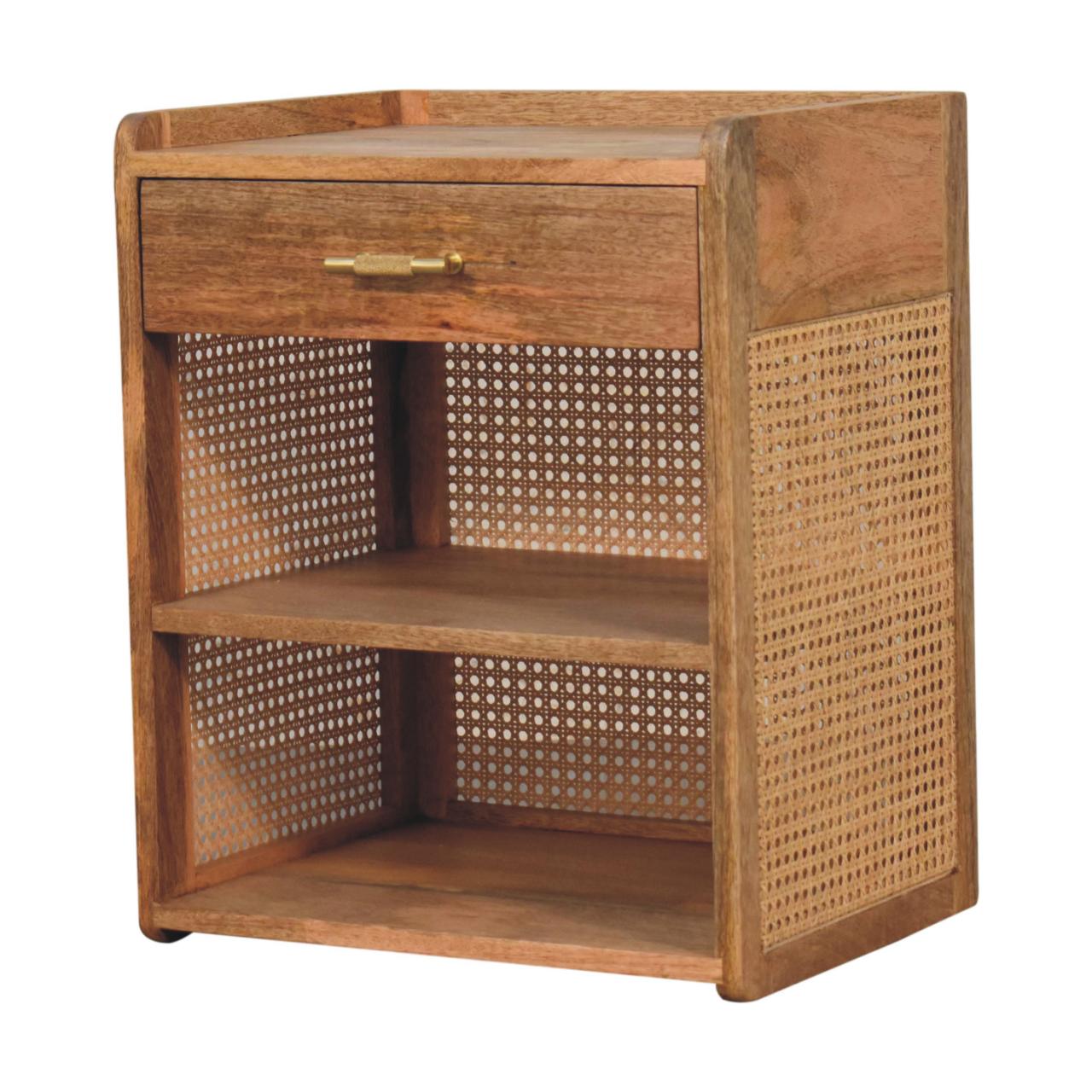 Larissa T-Bar Open Bedside Table - Solid Mango Wood Oak Finish