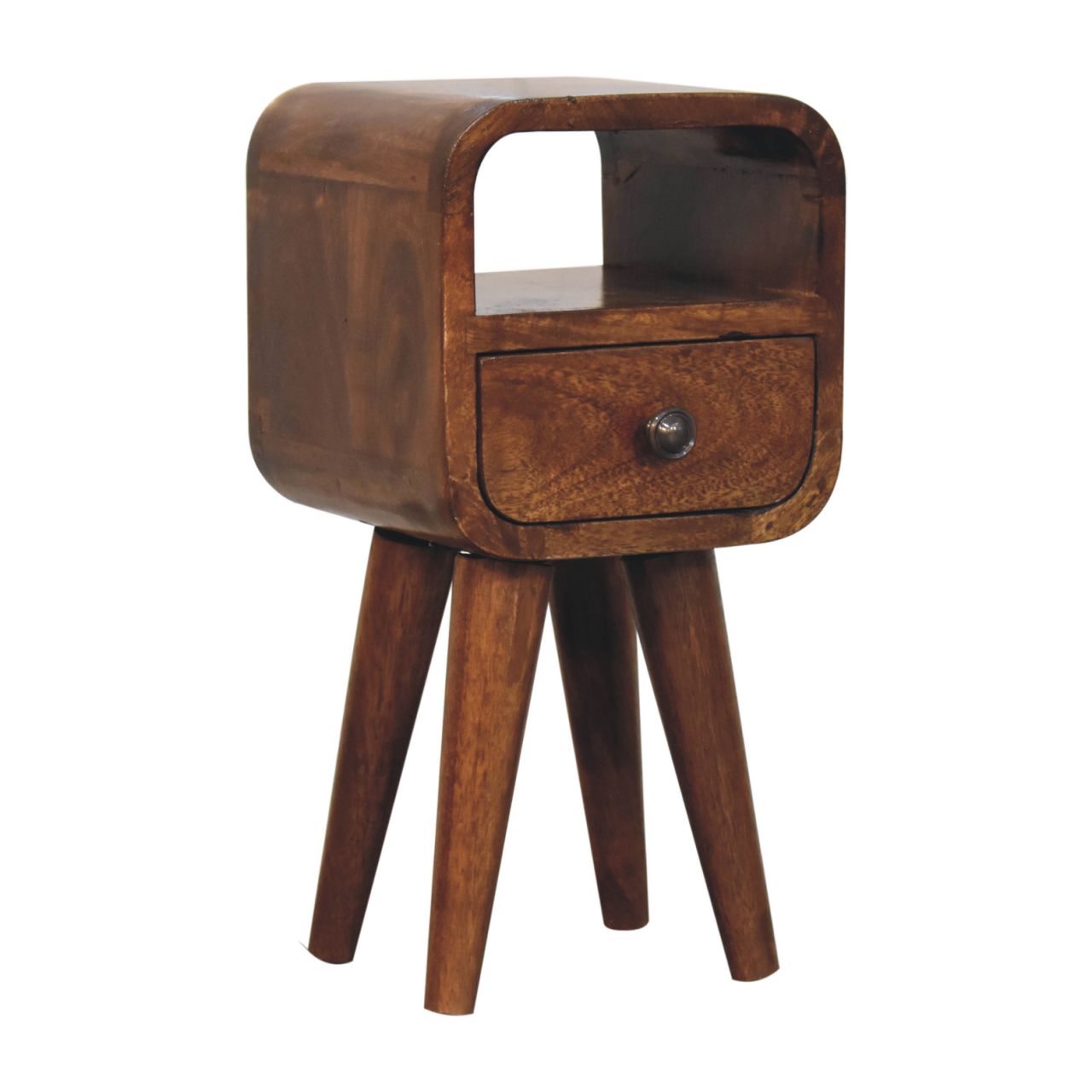 Extra Mini Chestnut Curved Bedside Table with Drawer - Mango Wood