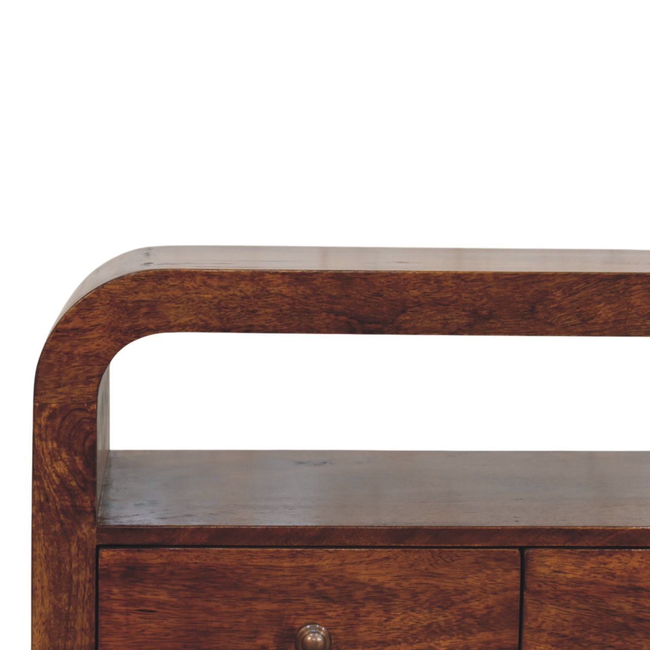 Darcy Media Unit - Solid Mango Wood Chestnut 3 Drawer Open Shelf