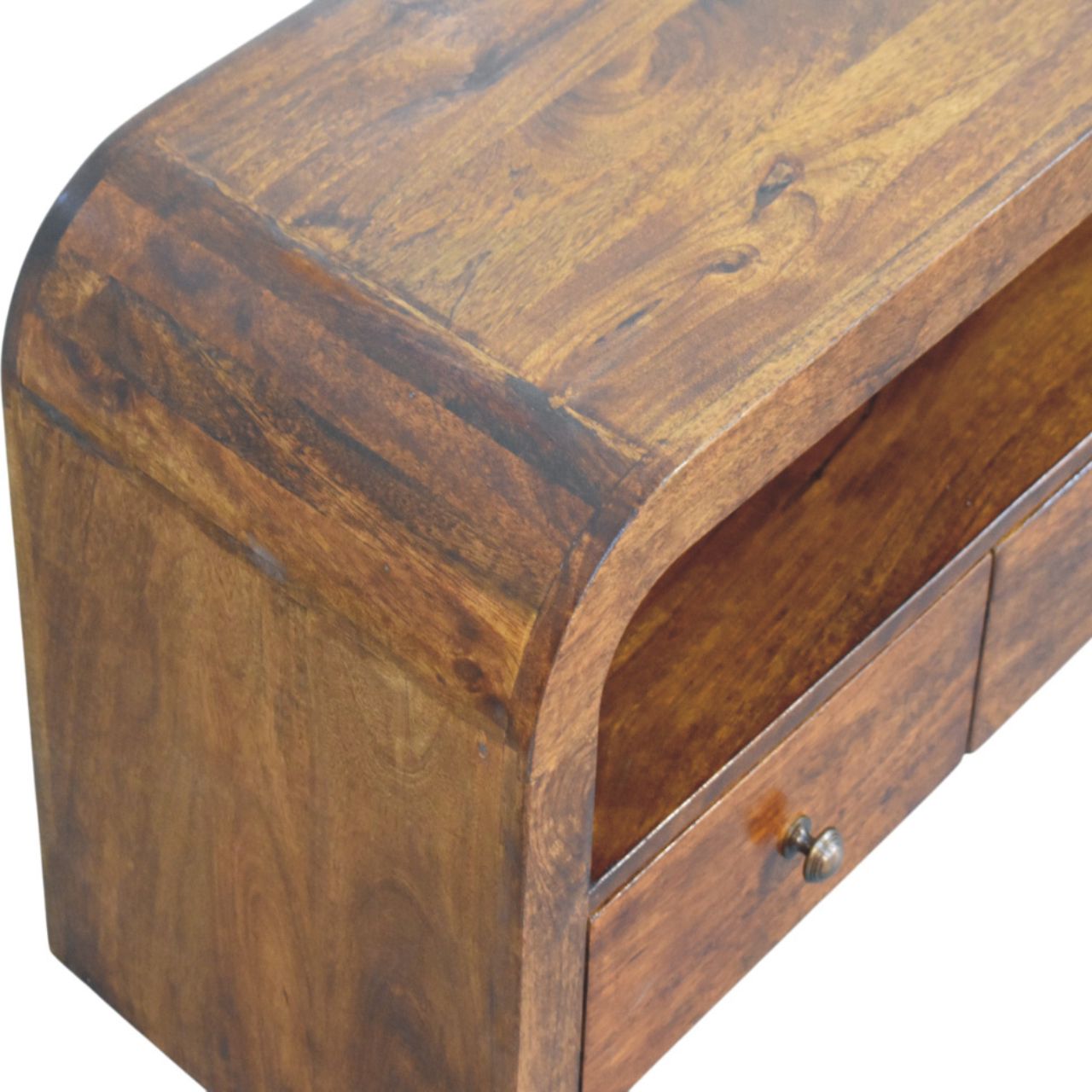 Darcy Media Unit - Solid Mango Wood Chestnut 3 Drawer Open Shelf