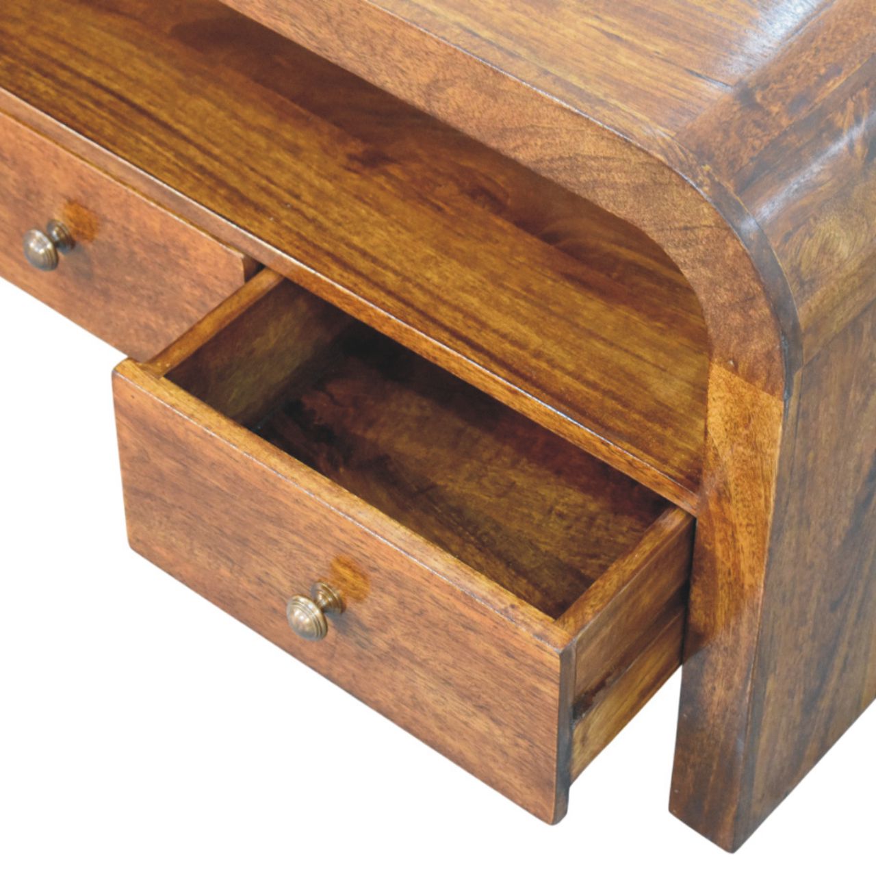Darcy Media Unit - Solid Mango Wood Chestnut 3 Drawer Open Shelf