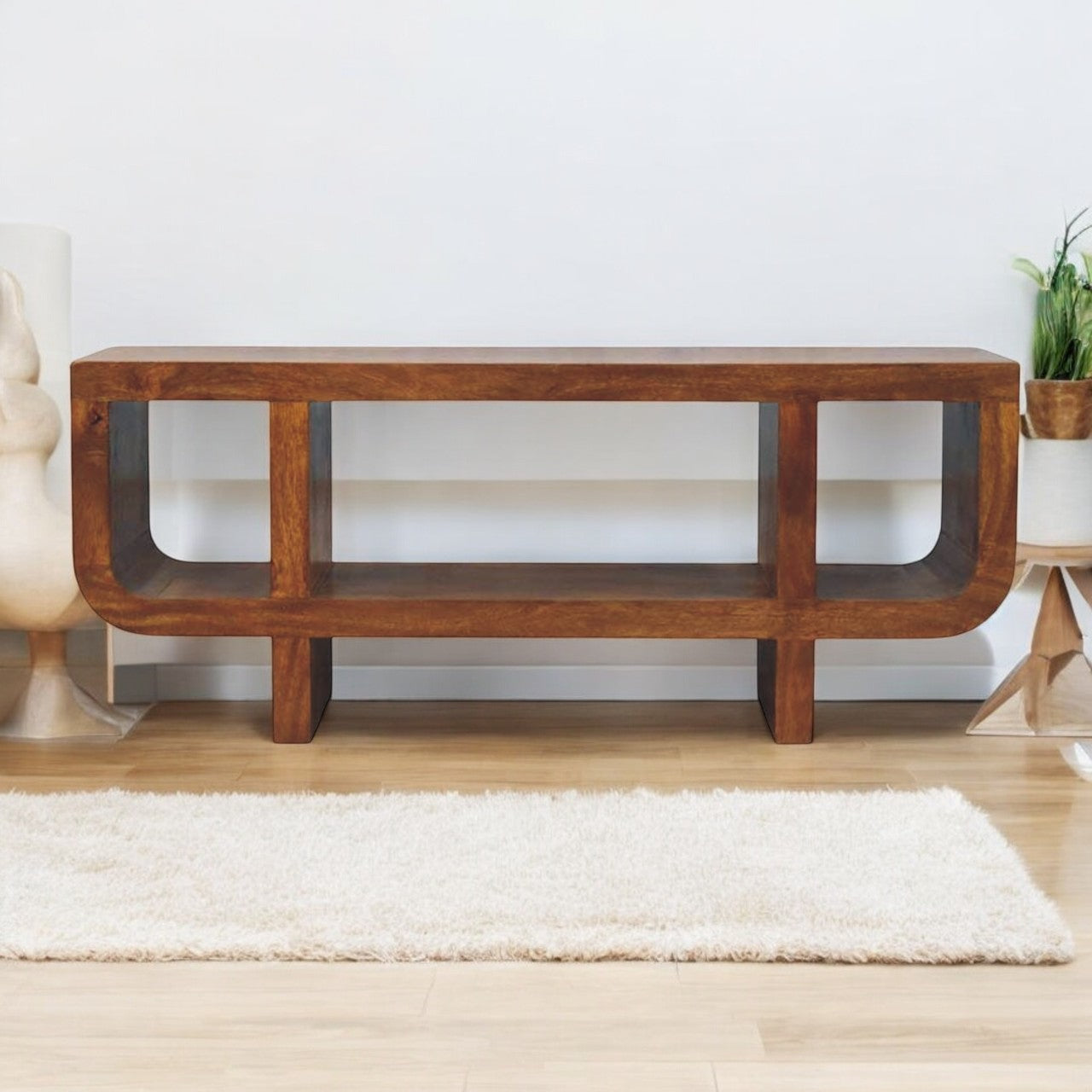 Orion Curved Media Unit - Chestnut 100% Solid Mango Wood