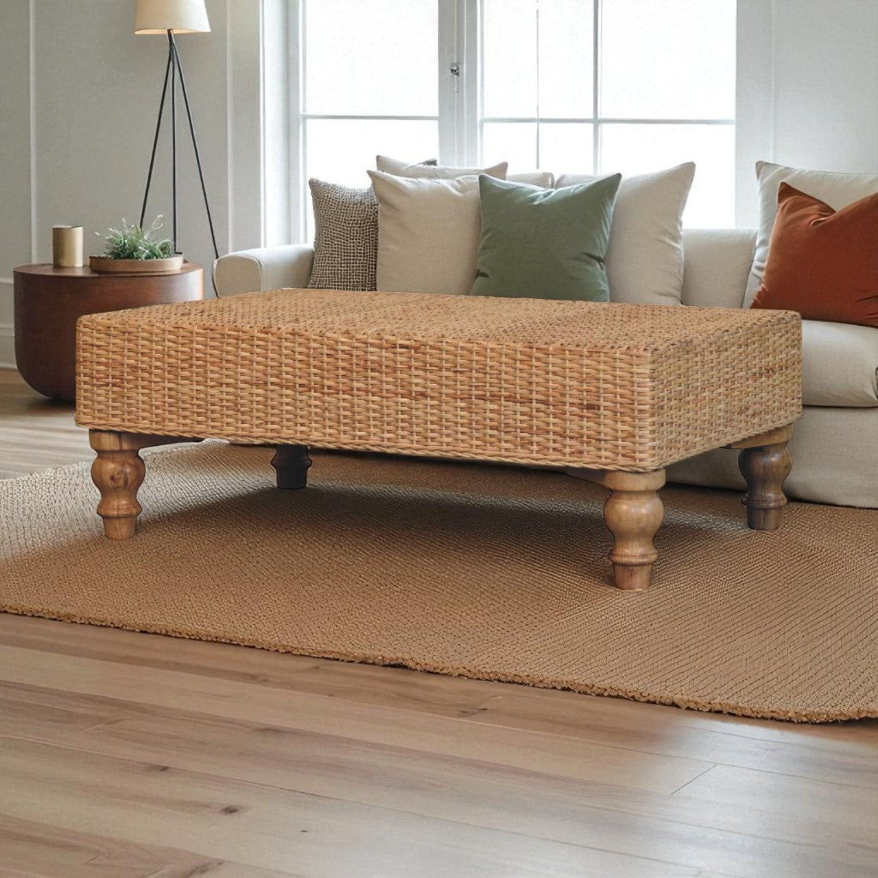 Regency Woven Coffee Table - Handcrafted Wood with Turned Legs