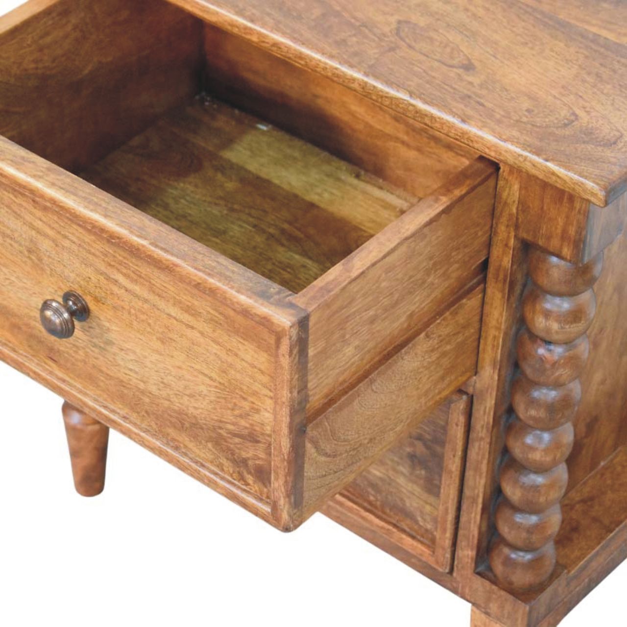 Harper Spindle Bedside Table - Amber Oak Solid Mango Wood