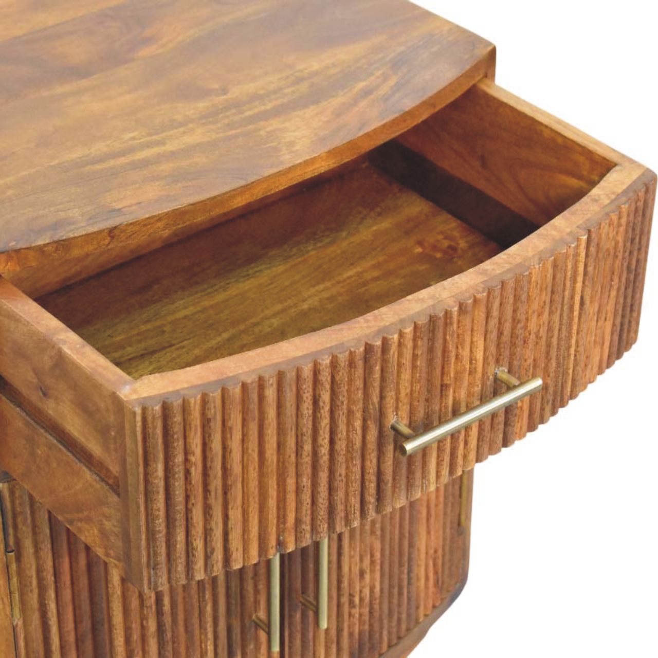 Solid Wood Curved Ribbed Bedside Table - Amber Oak Finish