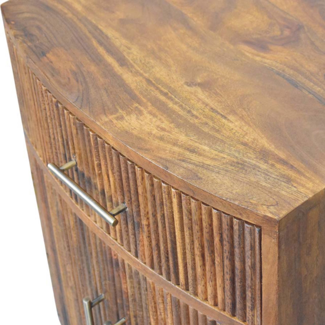 Solid Wood Curved Ribbed Bedside Table - Amber Oak Finish