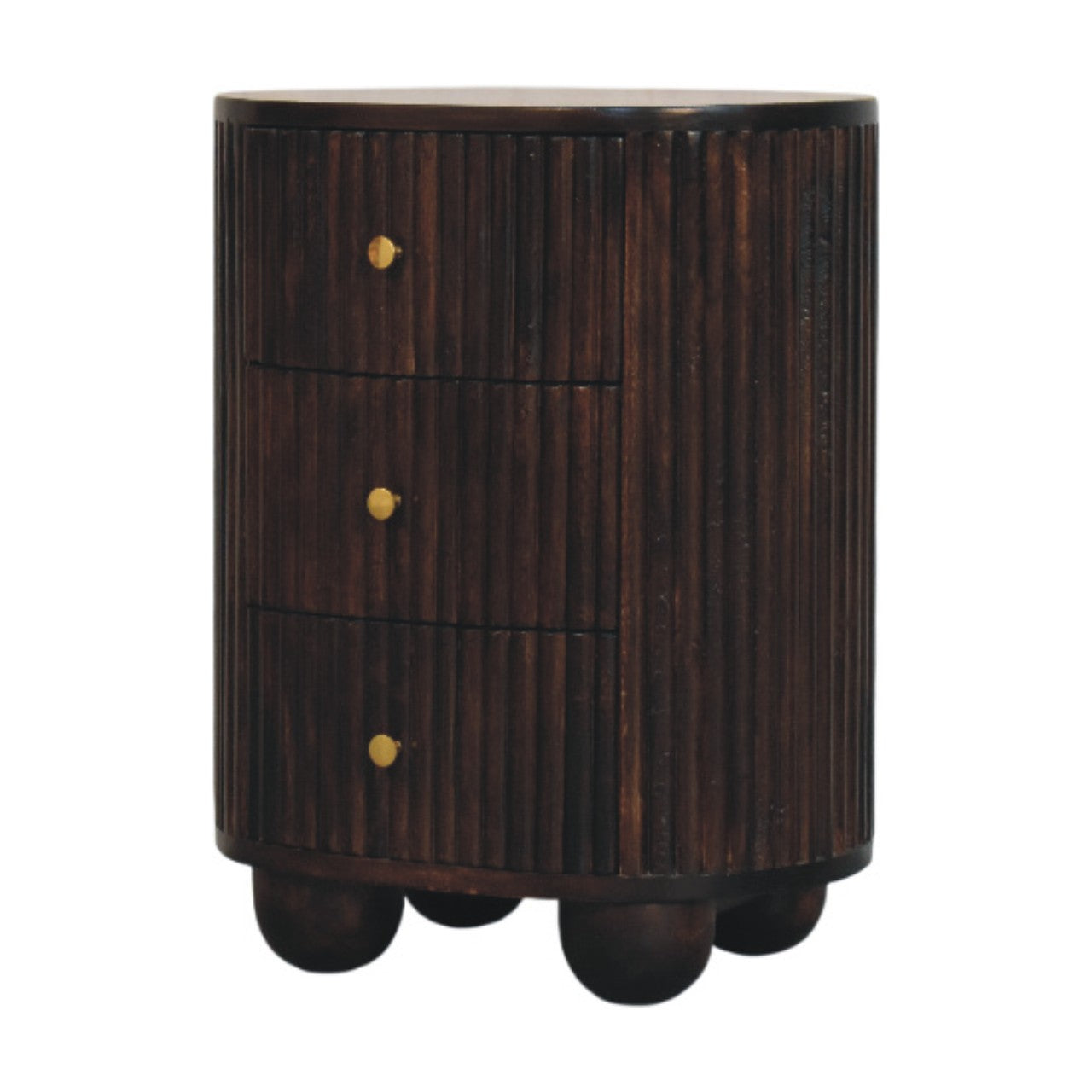 Curved Fluted 3-Drawer Bedside Table - Mocha Mango Wood