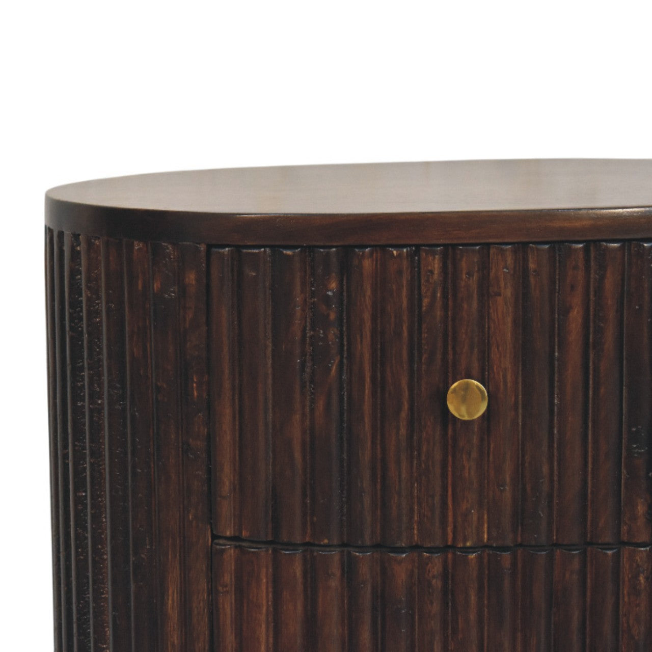 Curved Fluted 3-Drawer Bedside Table - Mocha Mango Wood