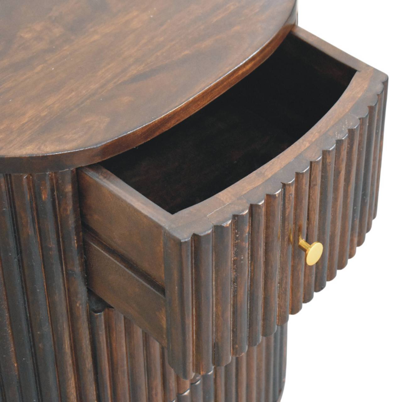 Curved Fluted 3-Drawer Bedside Table - Mocha Mango Wood