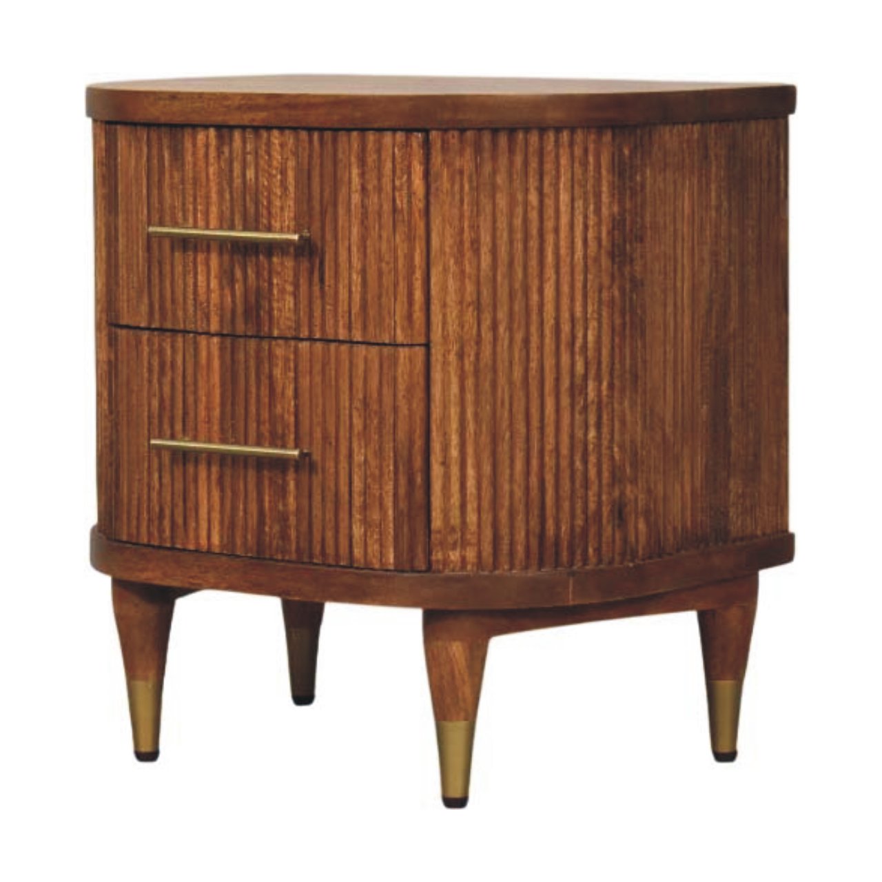 Amber Oak Ribbed Bedside Table - Solid Mango Wood with Brass