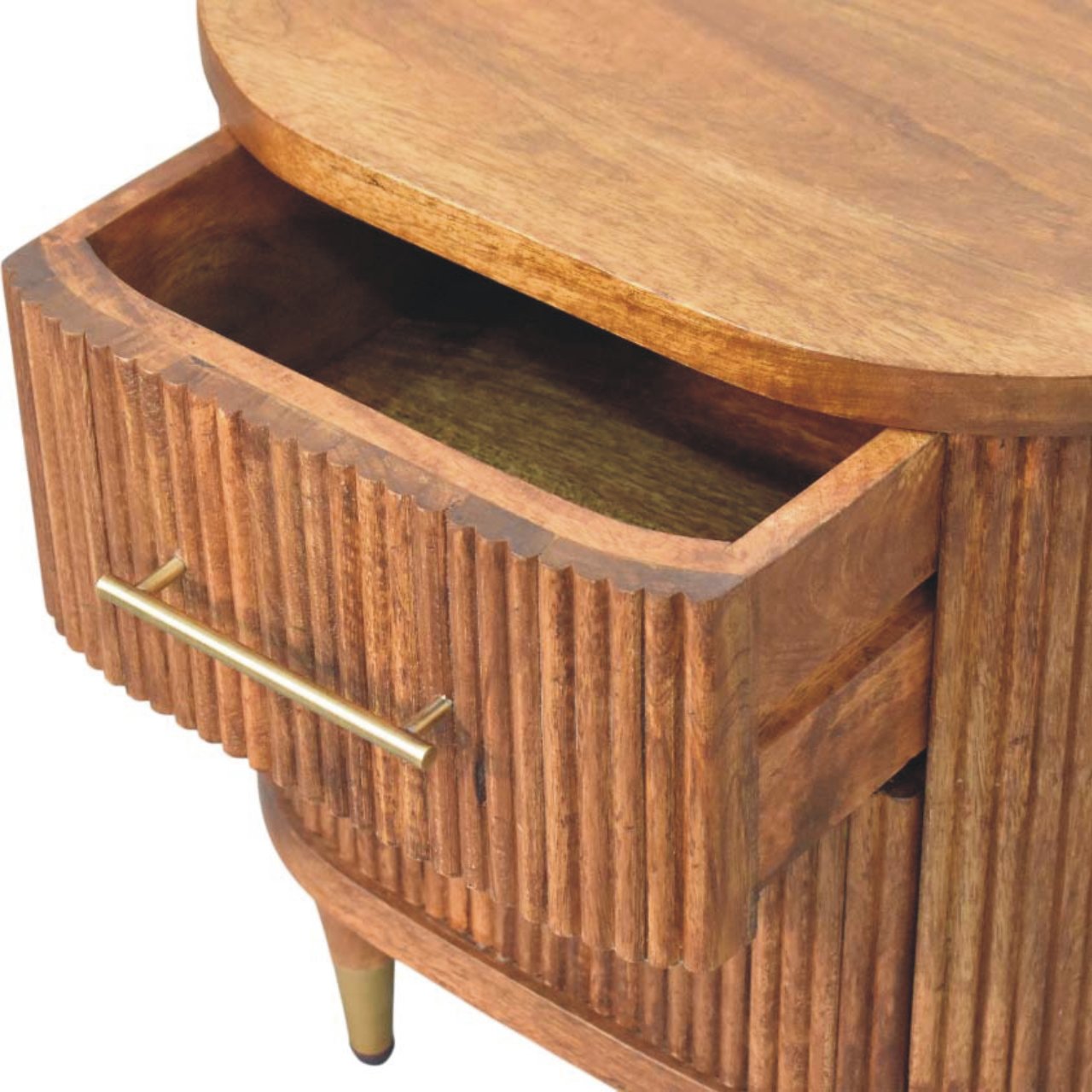 Amber Oak Ribbed Bedside Table - Solid Mango Wood with Brass