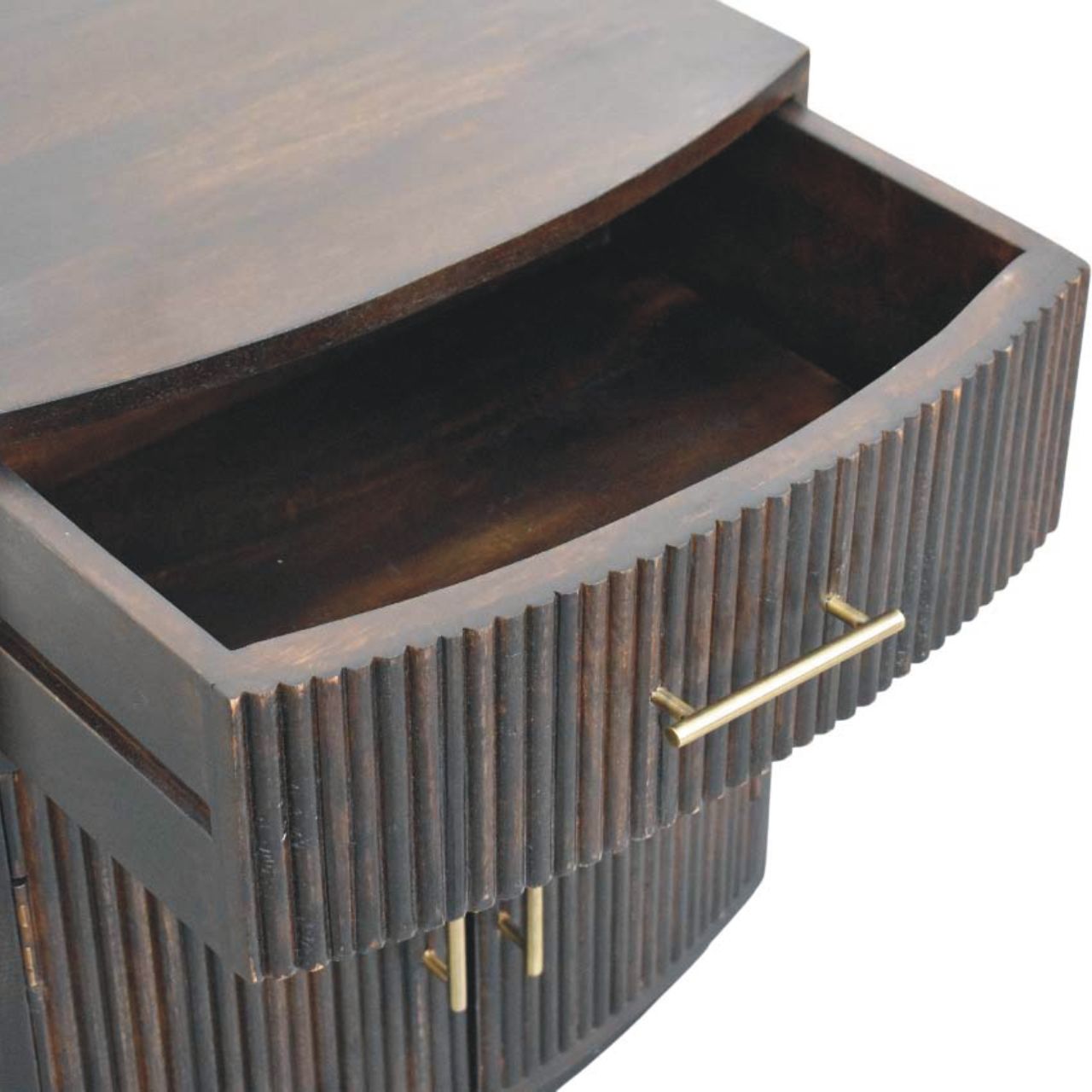 Milan Bedside Table - Solid Mango Wood Velvet Mocha Fluted Design