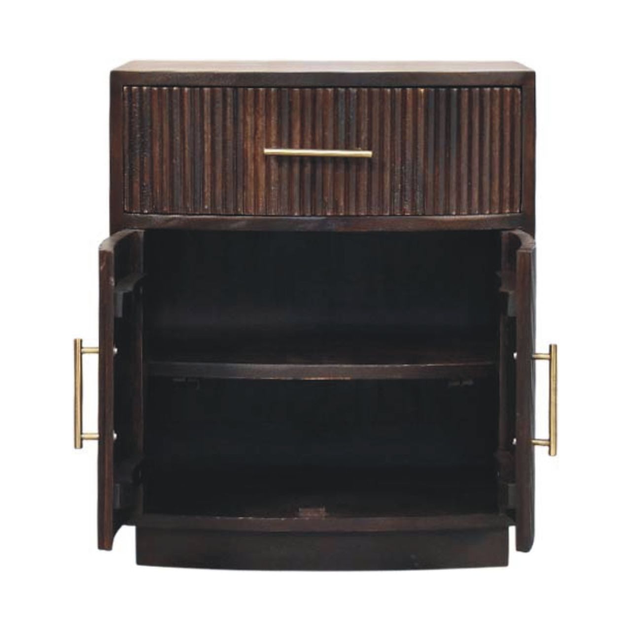 Milan Bedside Table - Solid Mango Wood Velvet Mocha Fluted Design