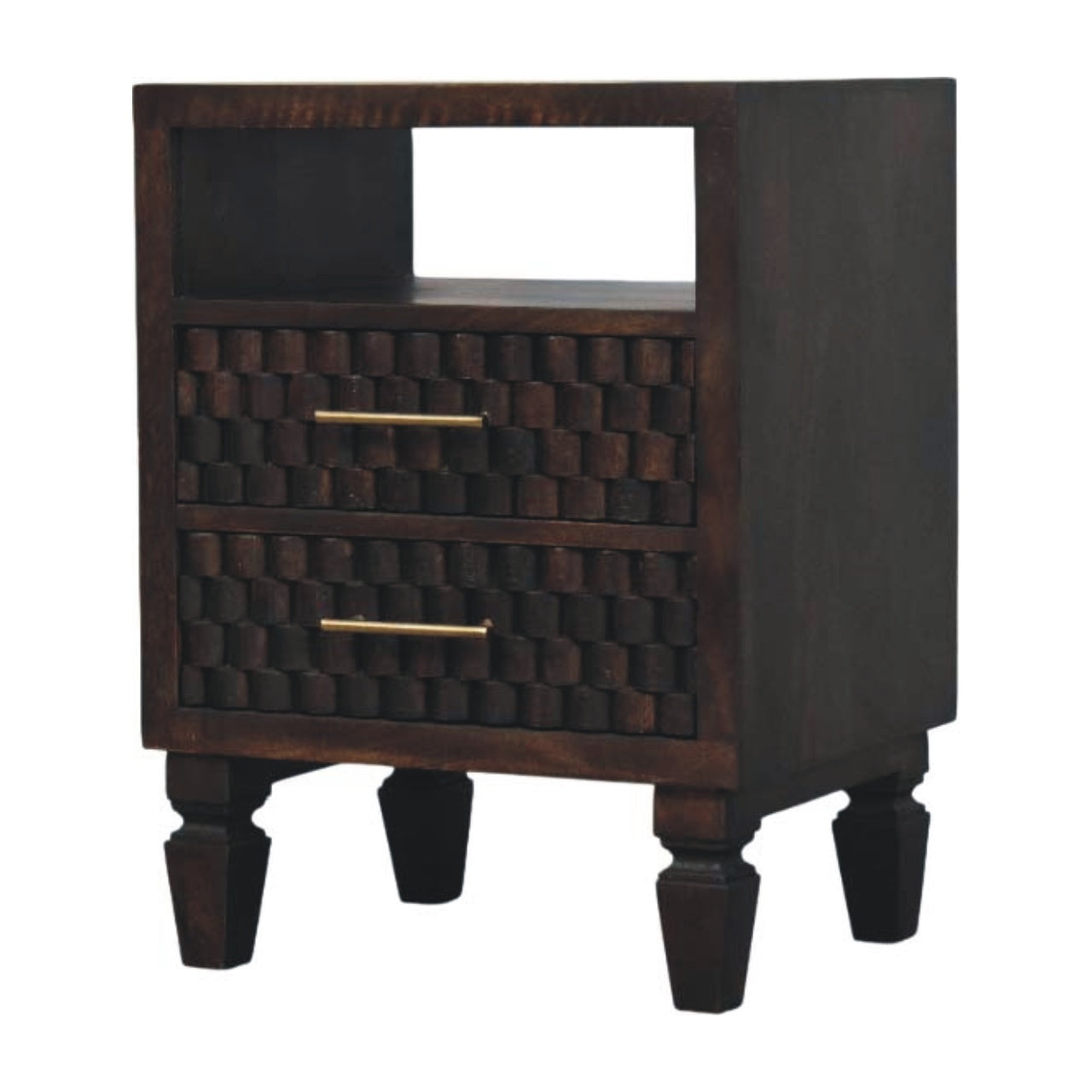 Cadiz Carved Bedside Table - Solid Mango Wood Velvet Mocha