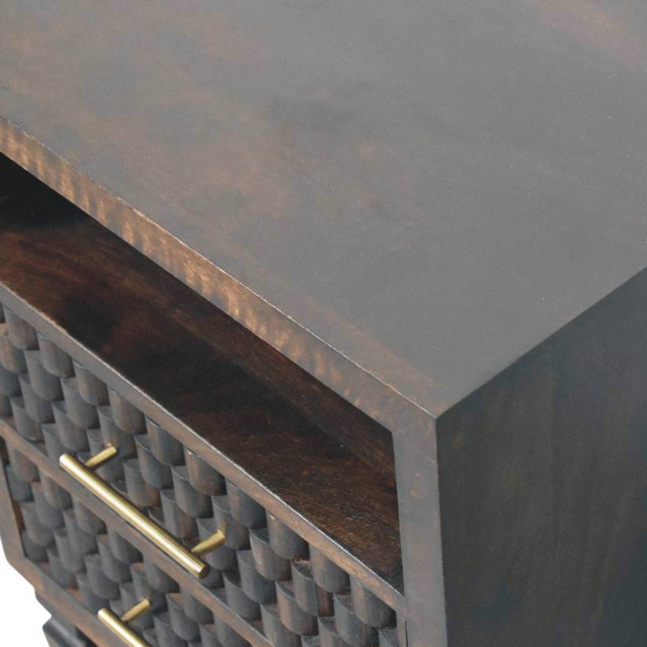 Cadiz Carved Bedside Table - Solid Mango Wood Velvet Mocha