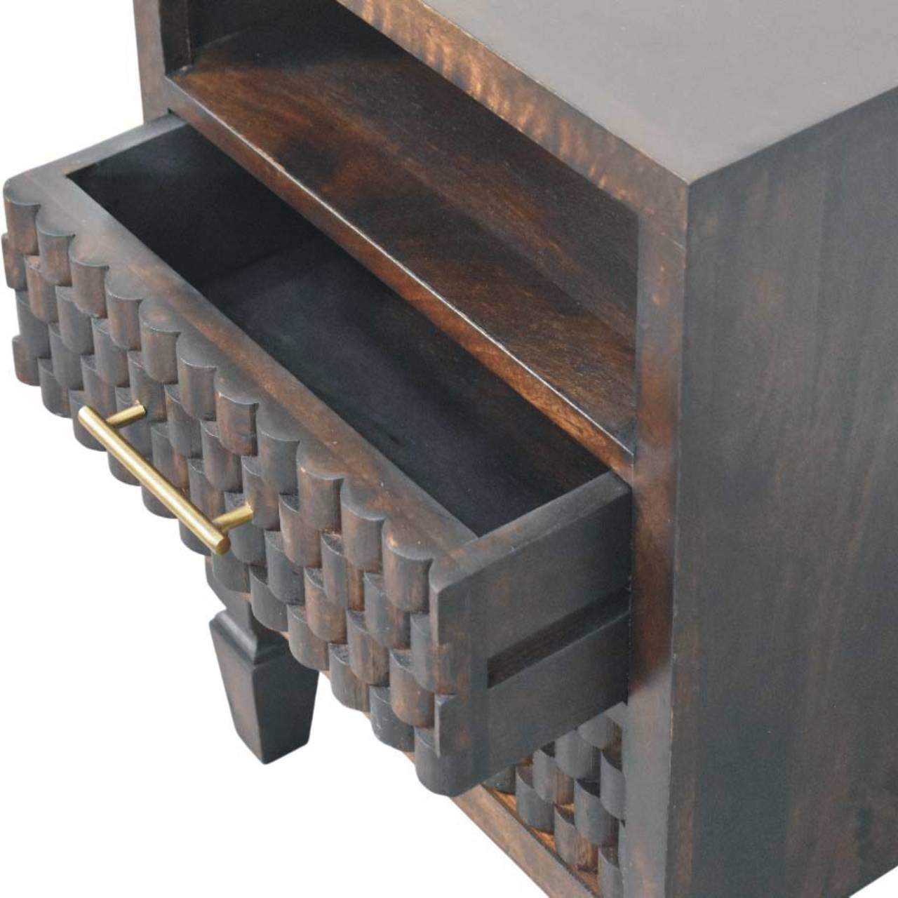 Cadiz Carved Bedside Table - Solid Mango Wood Velvet Mocha