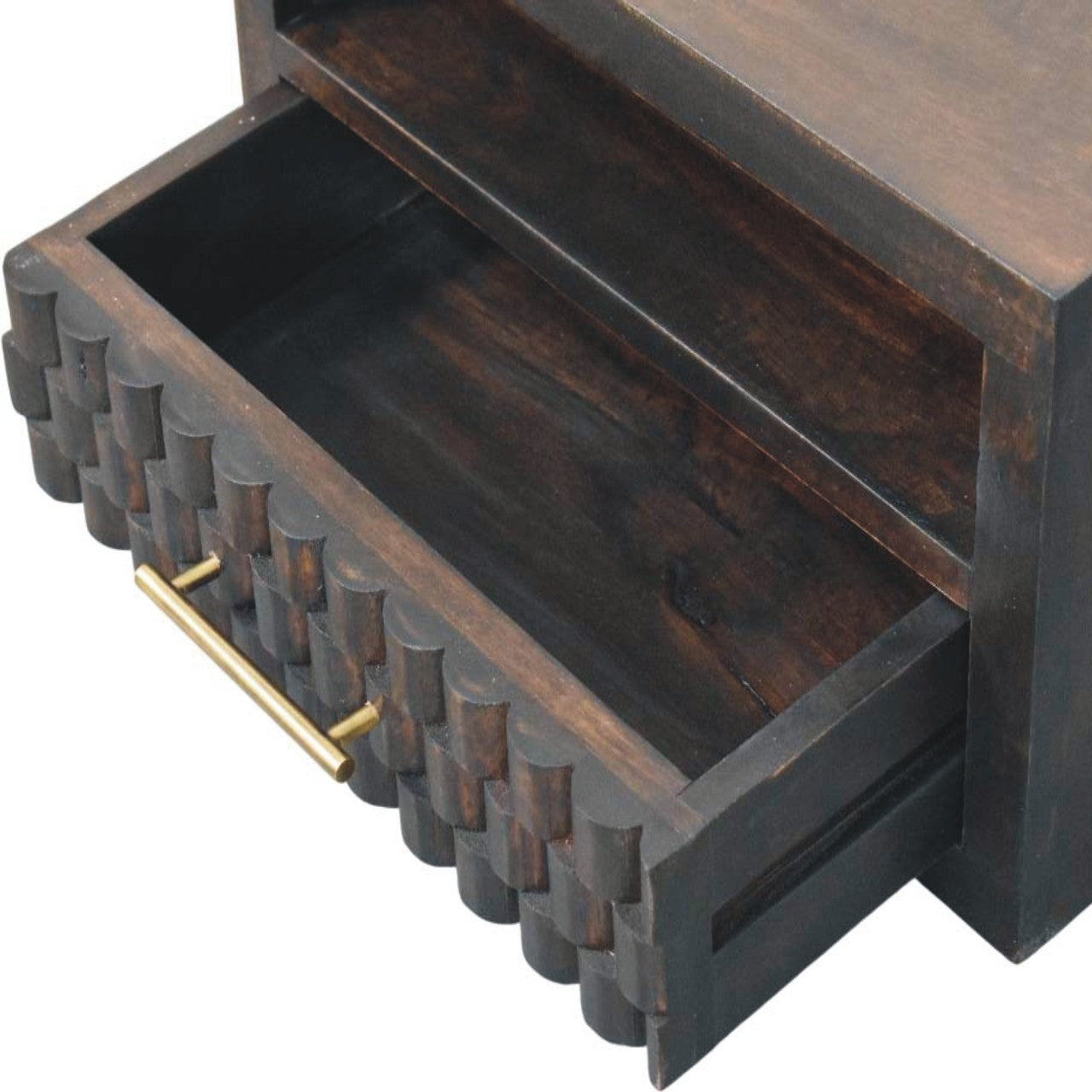 Cadiz Carved Bedside Table - Solid Mango Wood Velvet Mocha