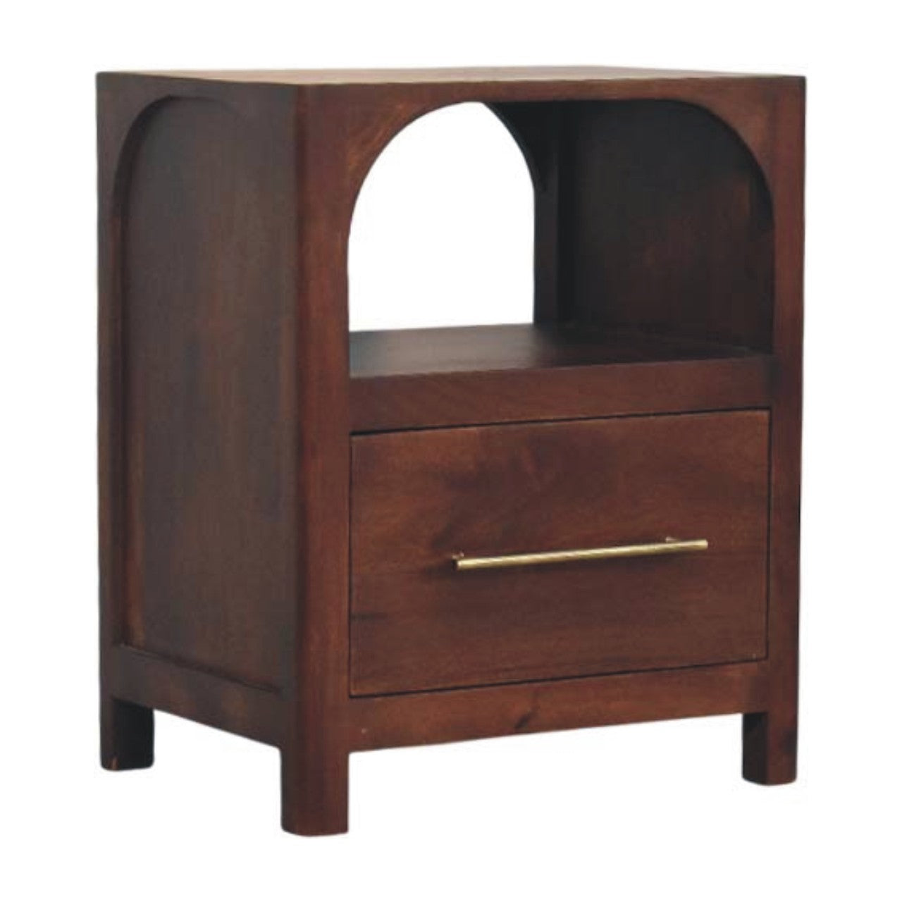 Arched Edge 1 Drawer Bedside Table - Solid Mango Wood Oak Finish