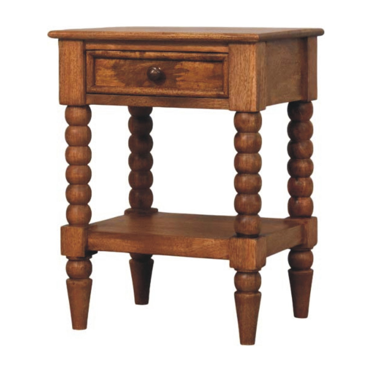 Spindle Bedside Table - Amber Oak Solid Mango Wood