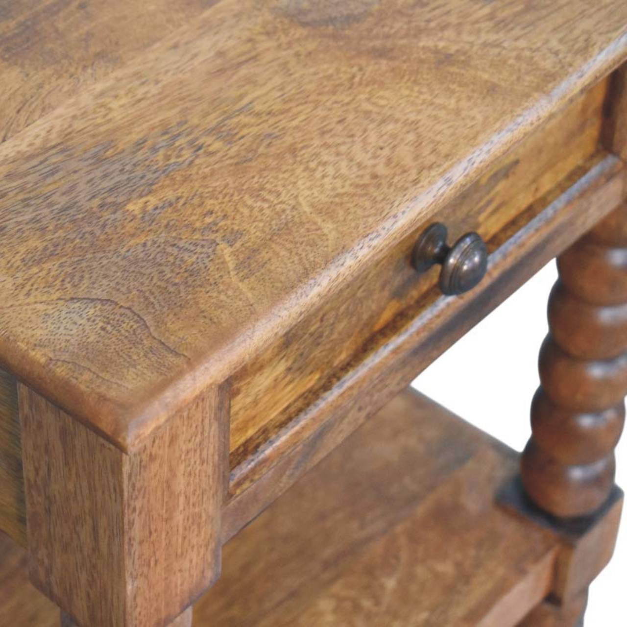 Spindle Bedside Table - Amber Oak Solid Mango Wood