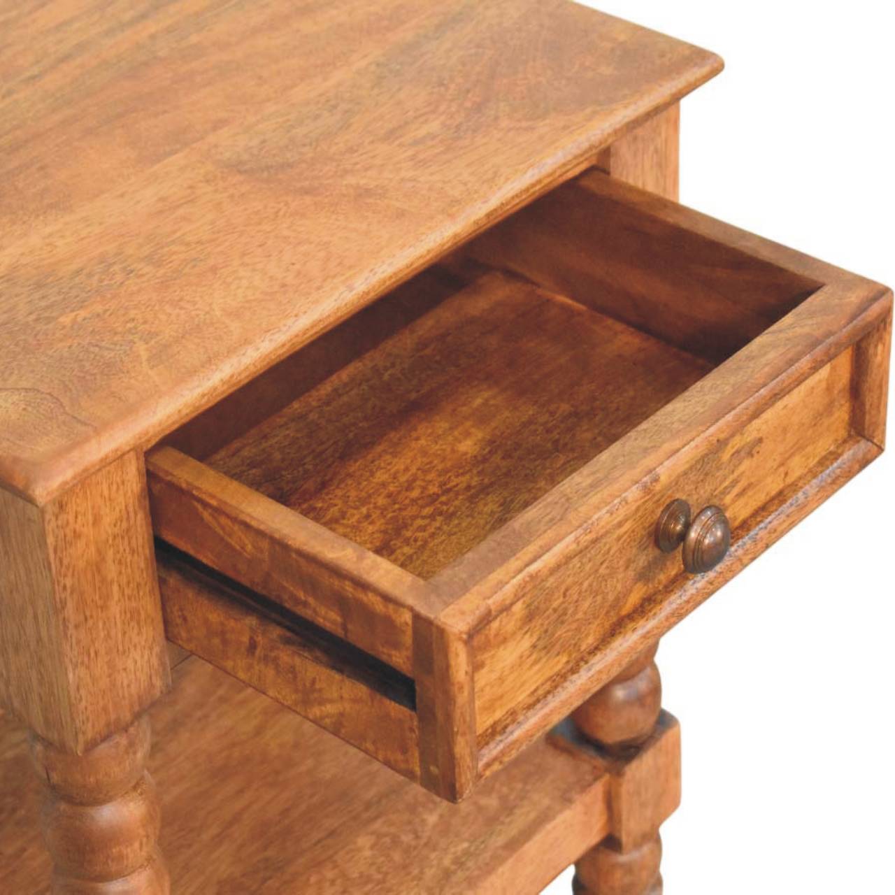 Spindle Bedside Table - Amber Oak Solid Mango Wood