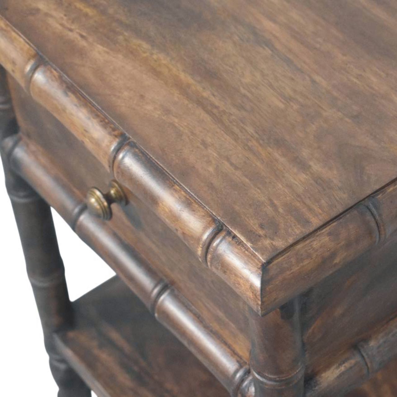 Bamboo Carved Bedside Table - Solid Mango Wood Roasted Almond