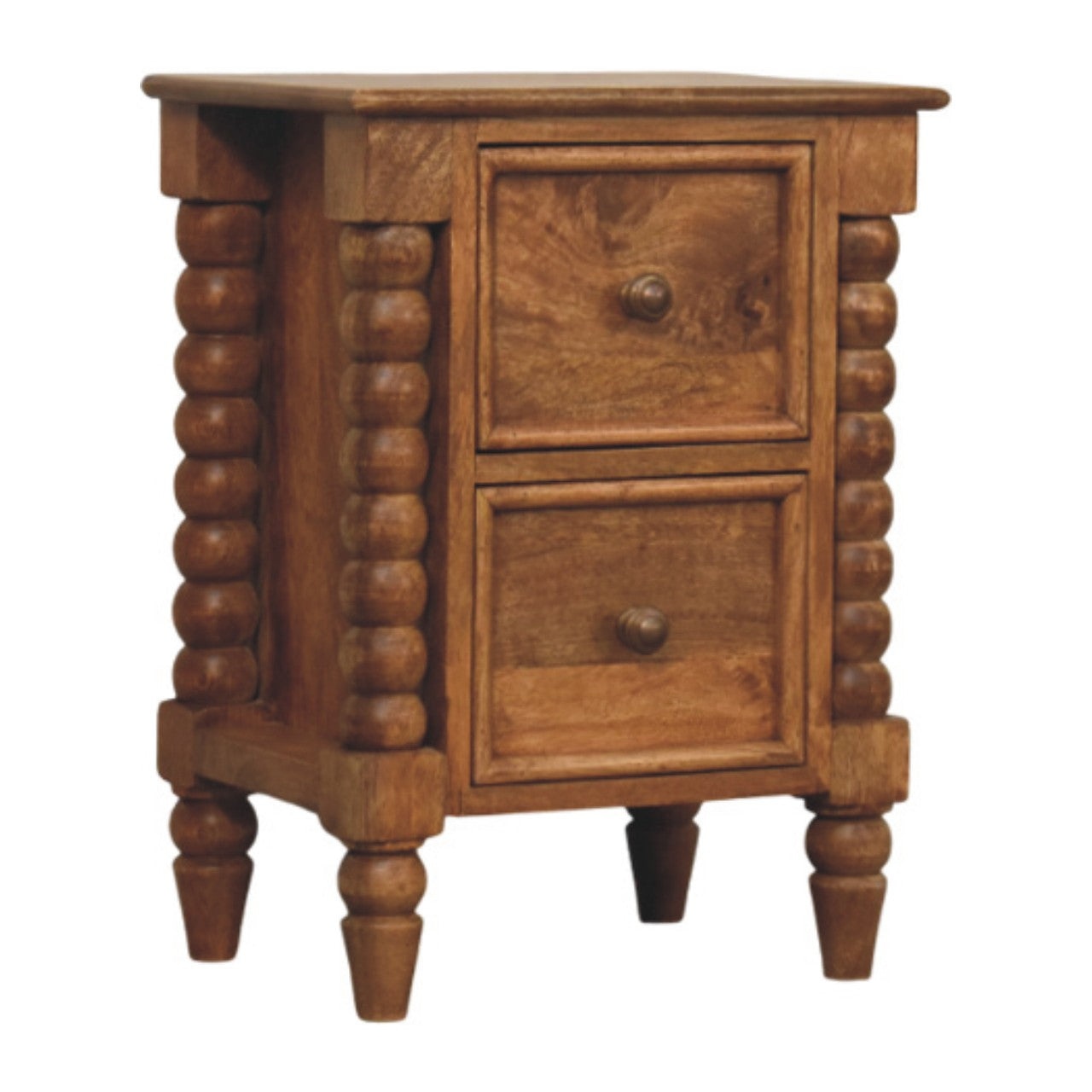 Spindle Amber Bedside Table - Solid Mango Wood 2 Drawers