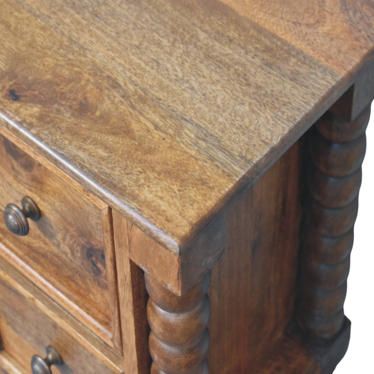 Spindle Amber Bedside Table - Solid Mango Wood 2 Drawers