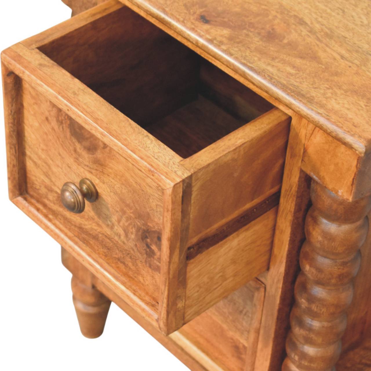 Spindle Amber Bedside Table - Solid Mango Wood 2 Drawers